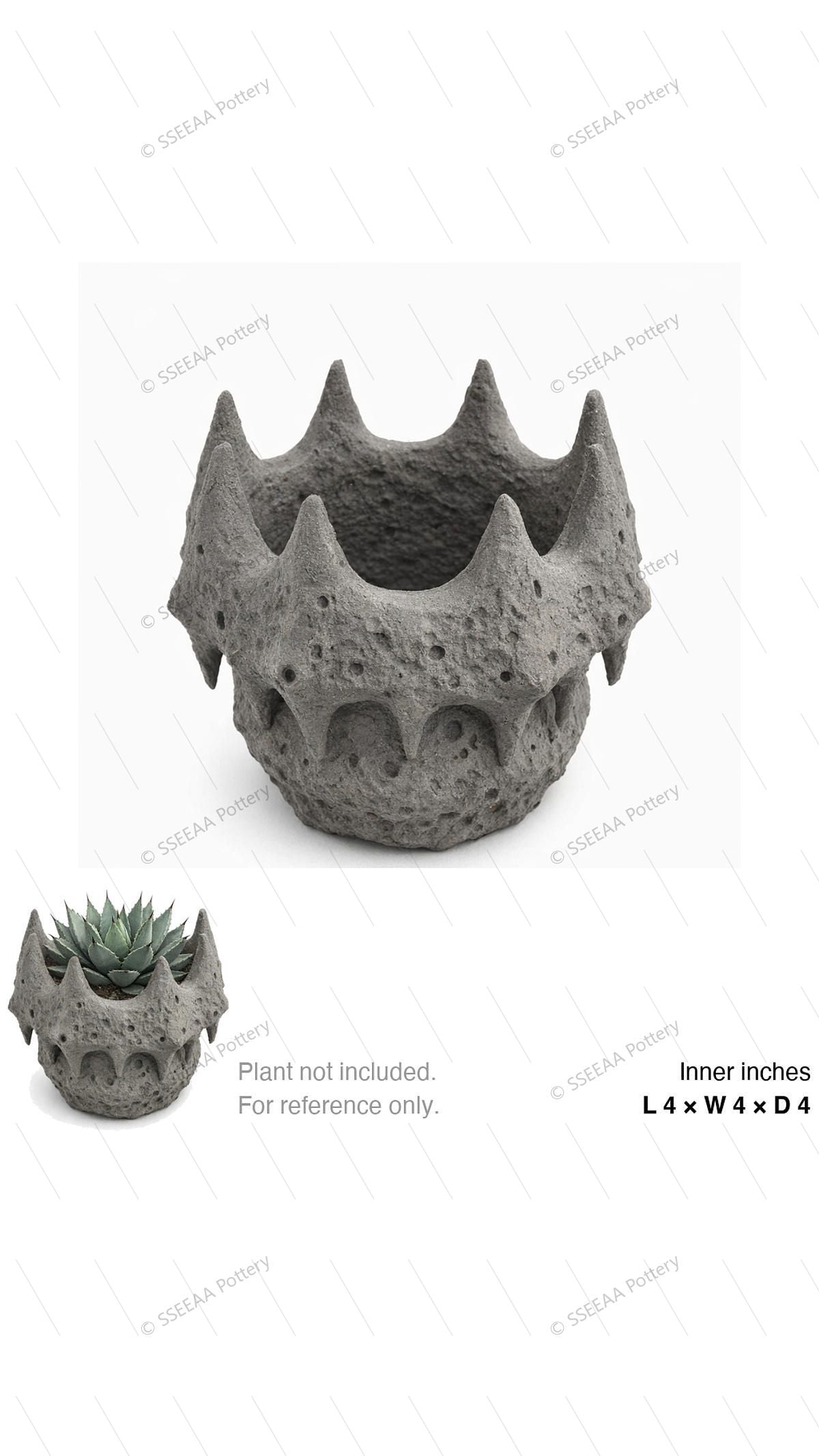 Gray sculptural tabletop pot with a pitted volcanic texture and crown-like spiked rim, shown with a small succulent arrangement.