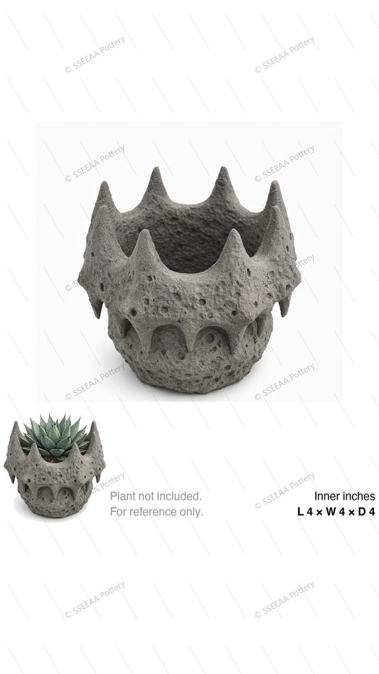 Gray sculptural tabletop pot with a pitted volcanic texture and crown-like spiked rim, shown with a small succulent arrangement.