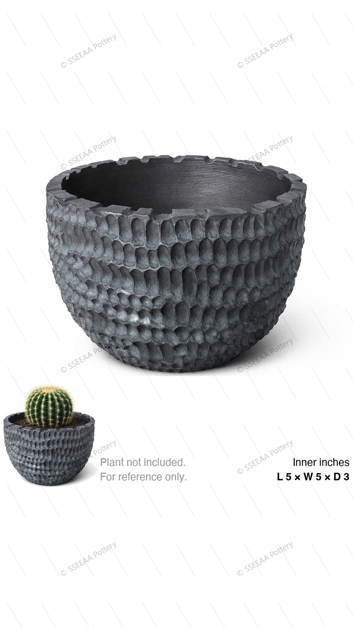 Textured charcoal round pot with a rugged, scale-like exterior and wide mouth.