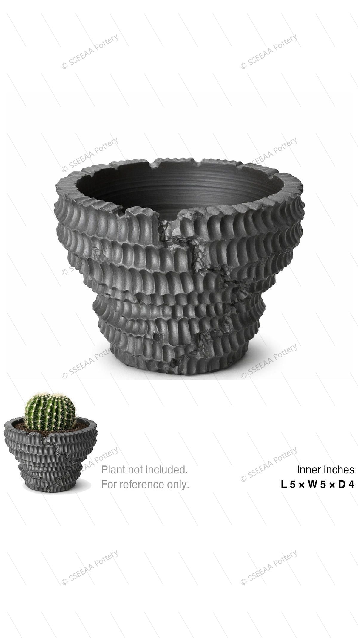 Dark textured sculptural pot with a rugged layered surface and broad rim shown on a white background