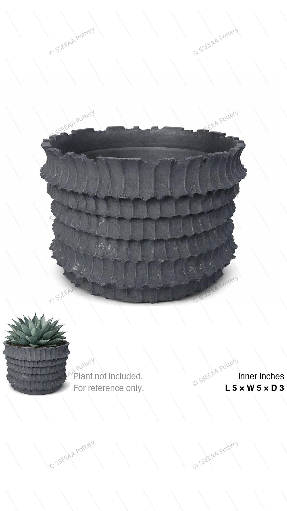 Dark charcoal ribbed round pot with flared rim and rugged textured bands