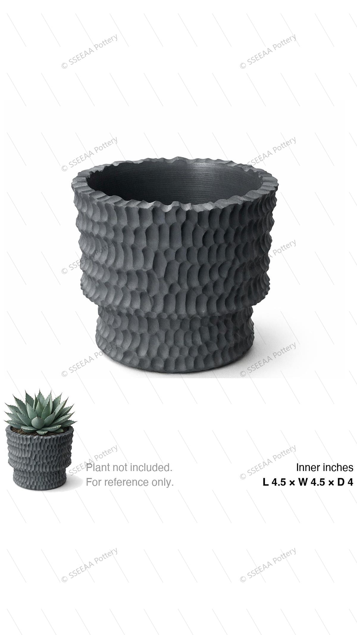 Dark gray textured tabletop pot with a scalloped rim and rounded sculptural body.