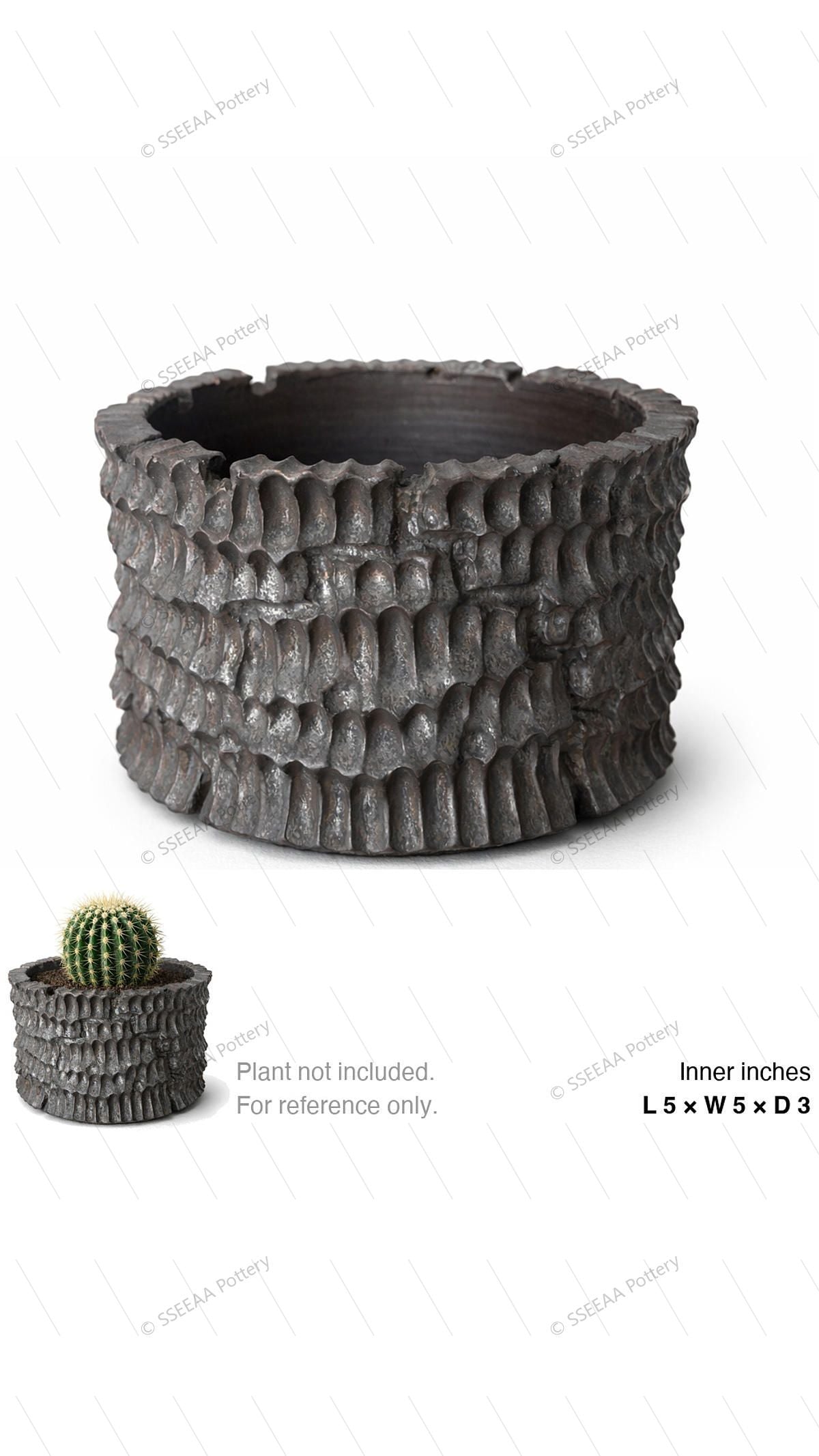 Charcoal textured round pot with craggy rim and dark weathered finish