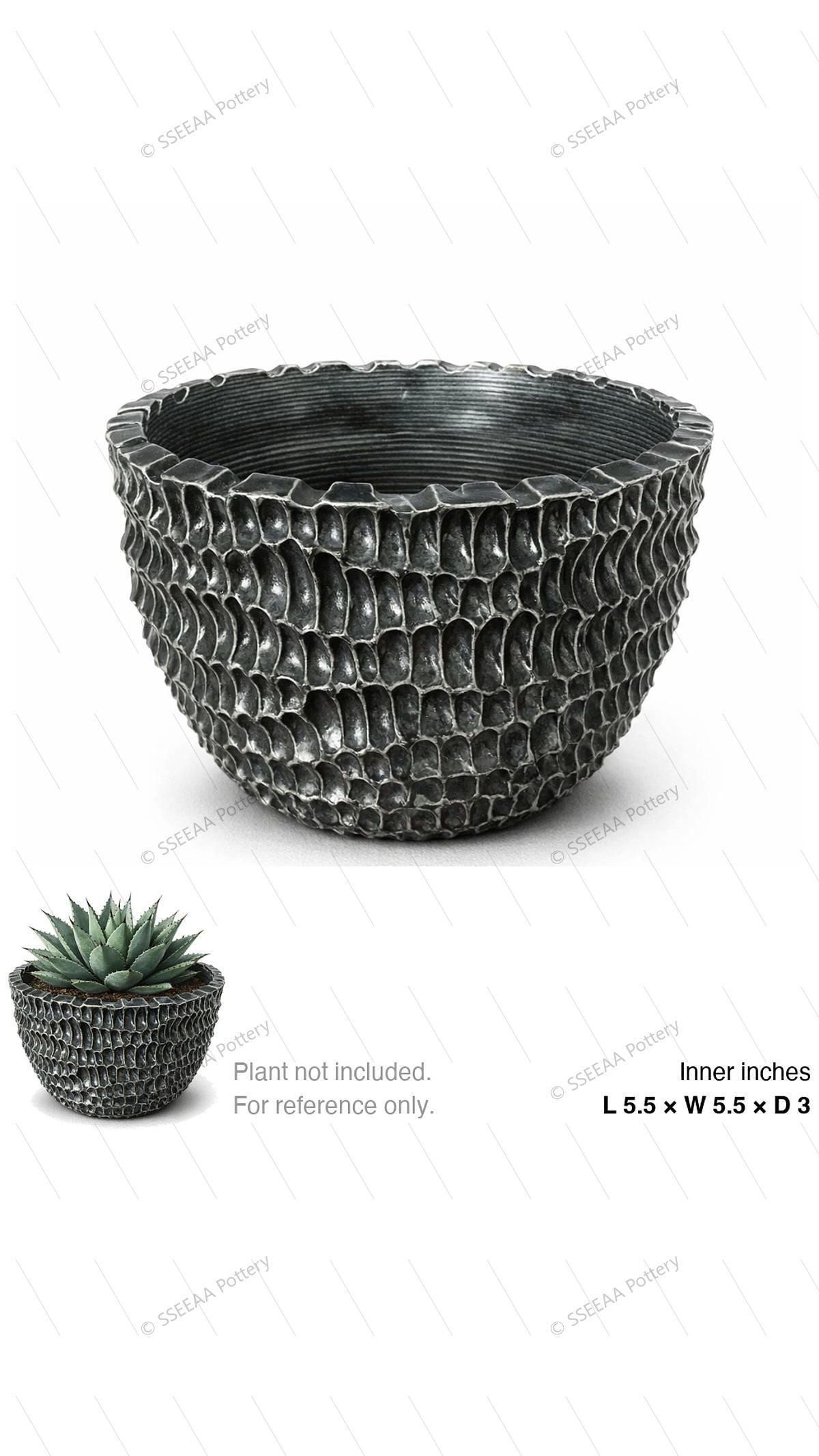Textured charcoal-black bowl pot with cratered sculptural surface and rounded rim