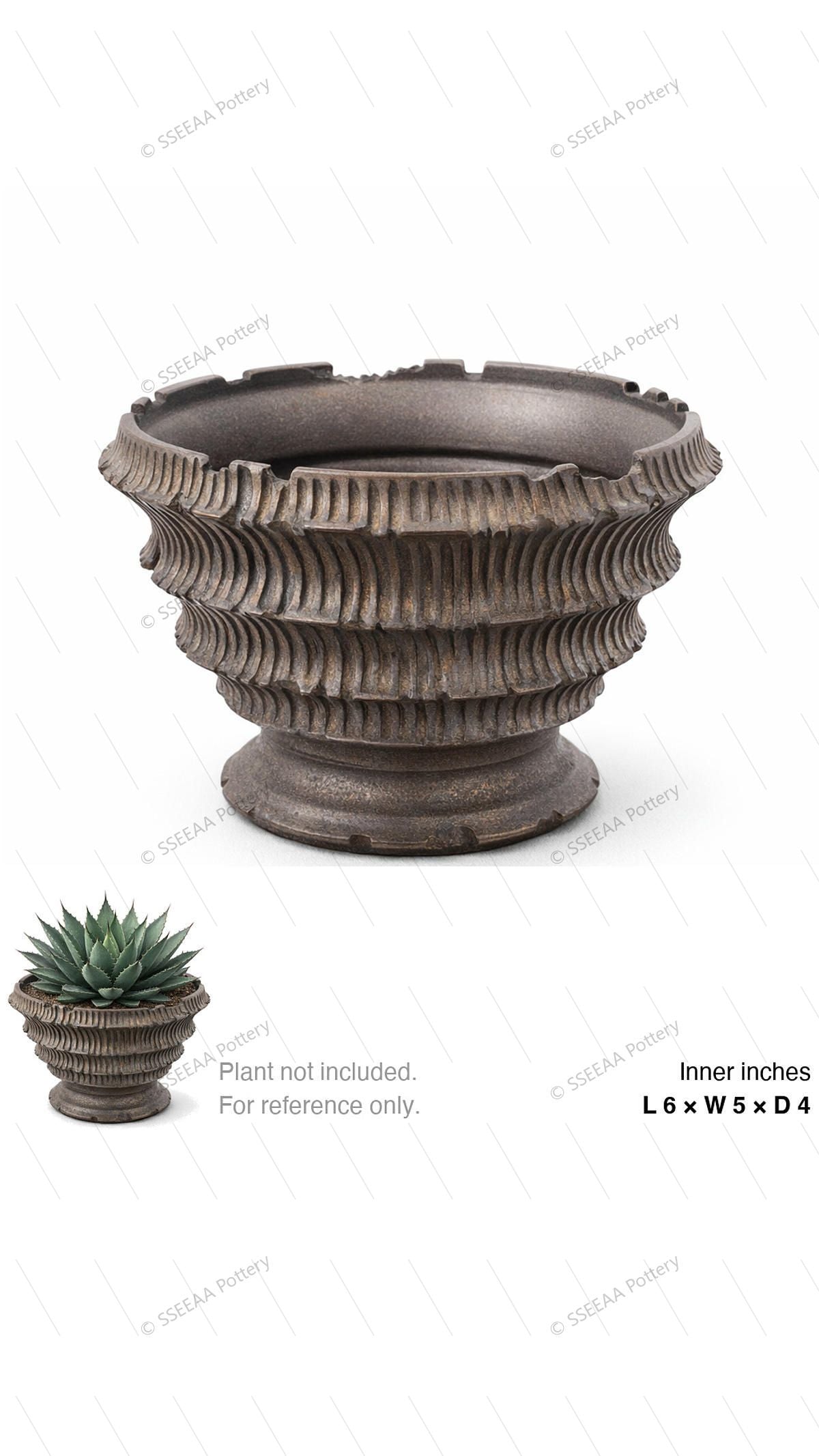 Dark ribbed footed pot with weathered finish and wide mouth, shown empty