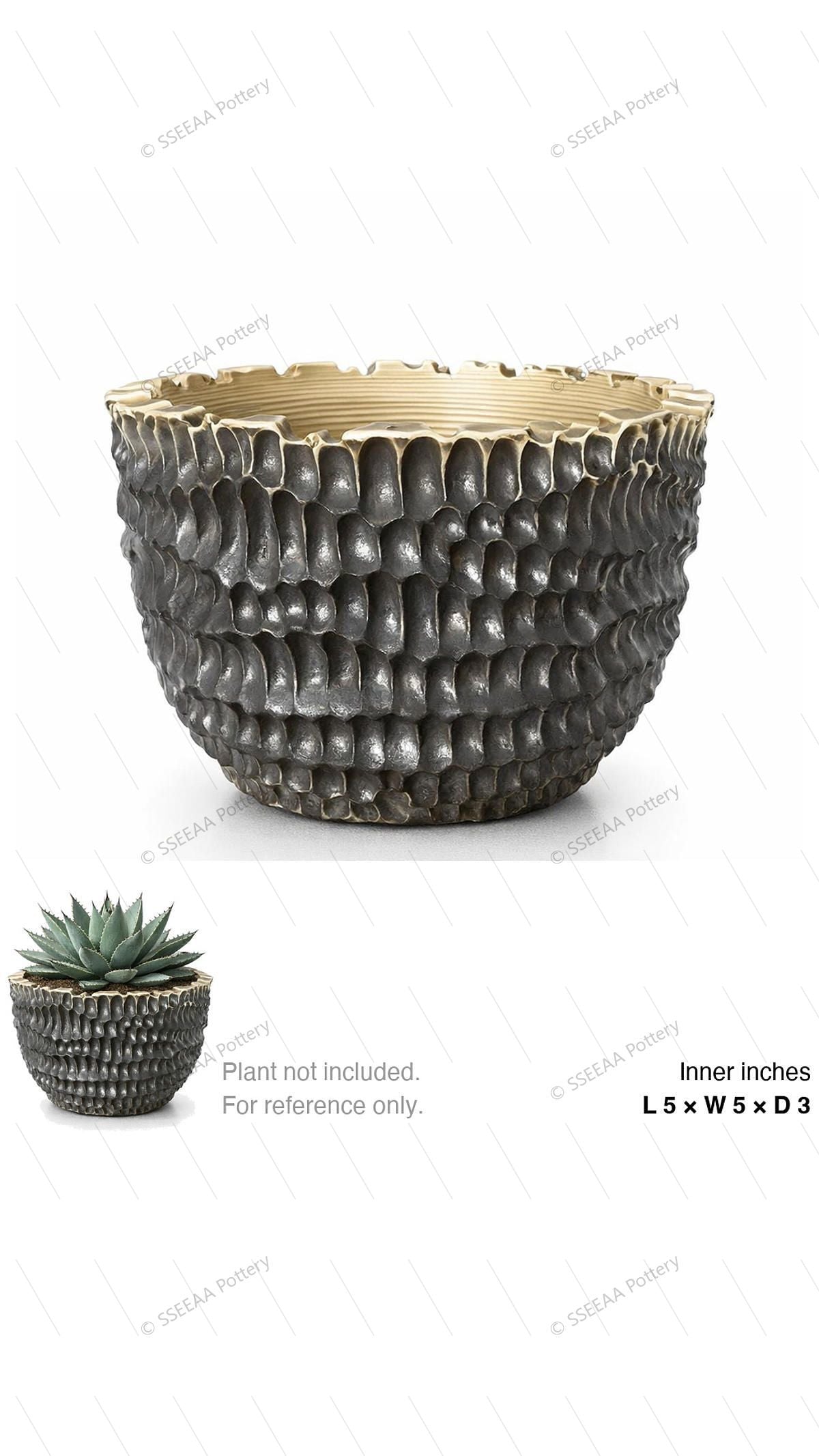 Textured charcoal ceramic pot with a cream rim and rounded profile.