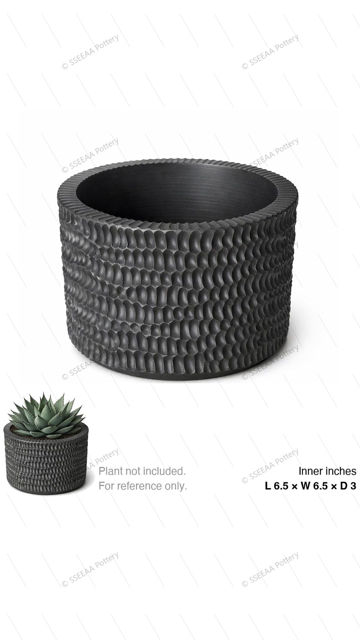 Dark textured round pot with scalloped surface and wide opening