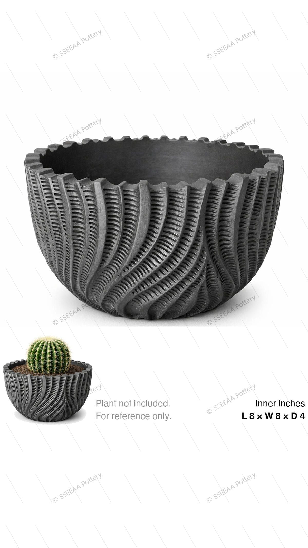 Charcoal textured rounded pot with swirling ridges and scalloped rim shown on a white background.