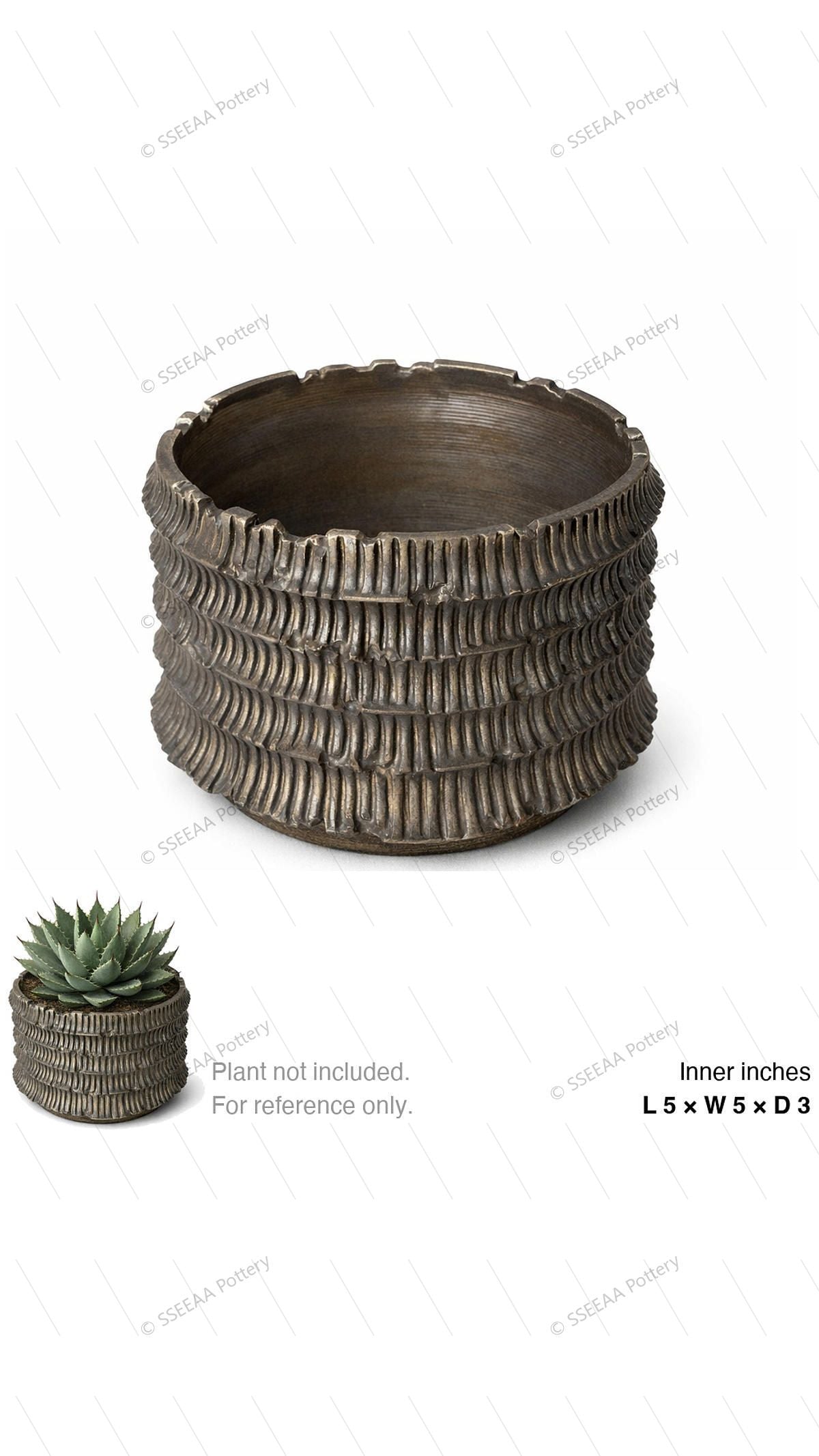 Bronze ribbed ceramic pot with sculptural rounded body and uneven rim