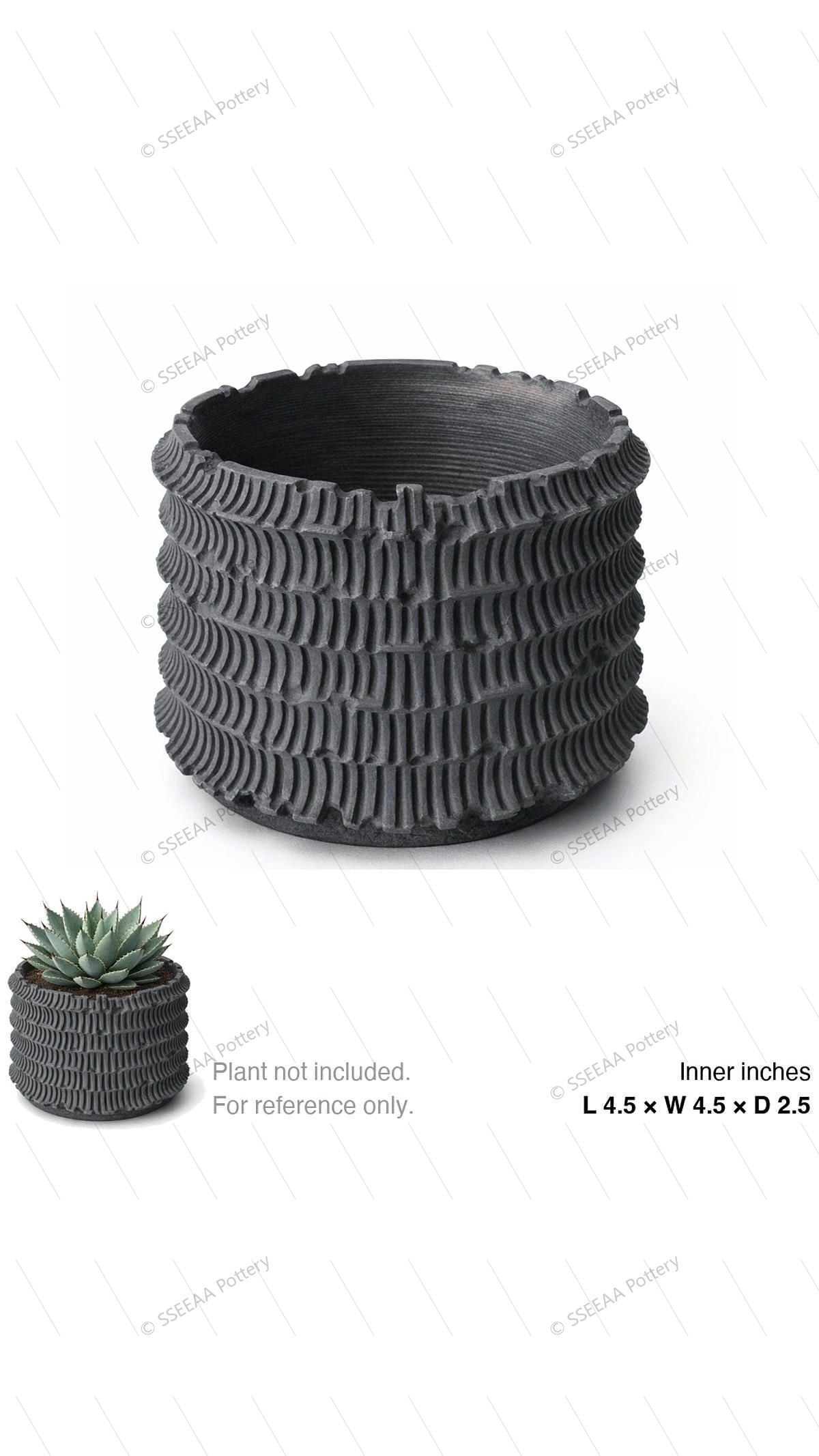 Dark ribbed ceramic pot with a sculptural rounded profile and textured fluted sides on a white background.
