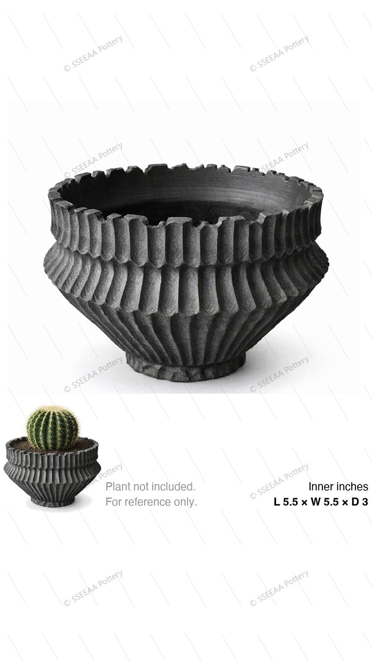 Charcoal ribbed footed pot with flared rim and sculptural textured body