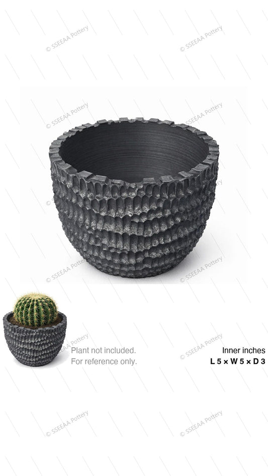 Dark gray textured round pot with a rugged raised surface and flared rim