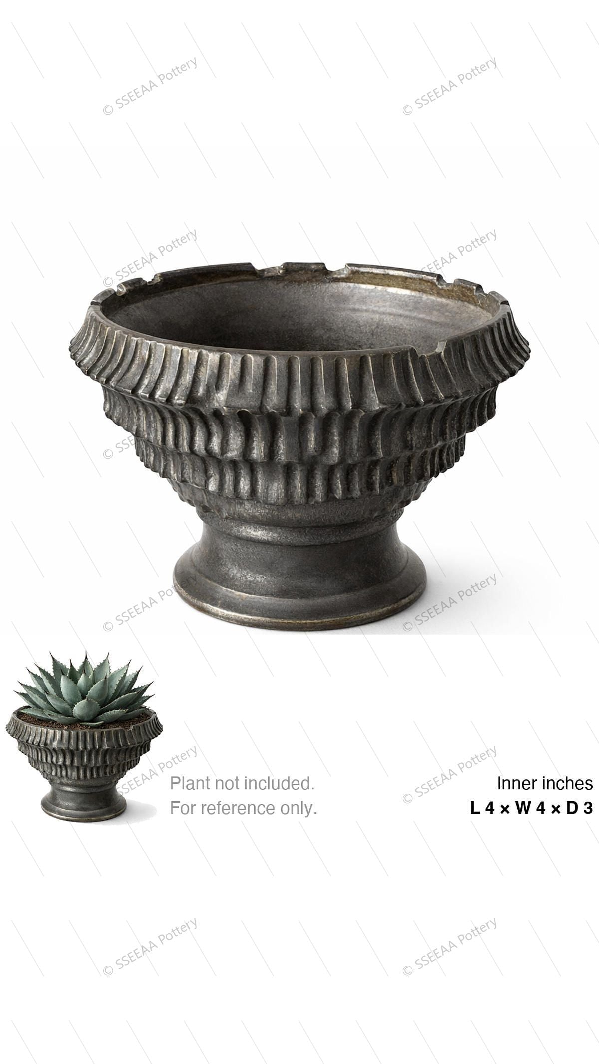 Dark gray footed pot with fluted ribbing and a wide flared rim.