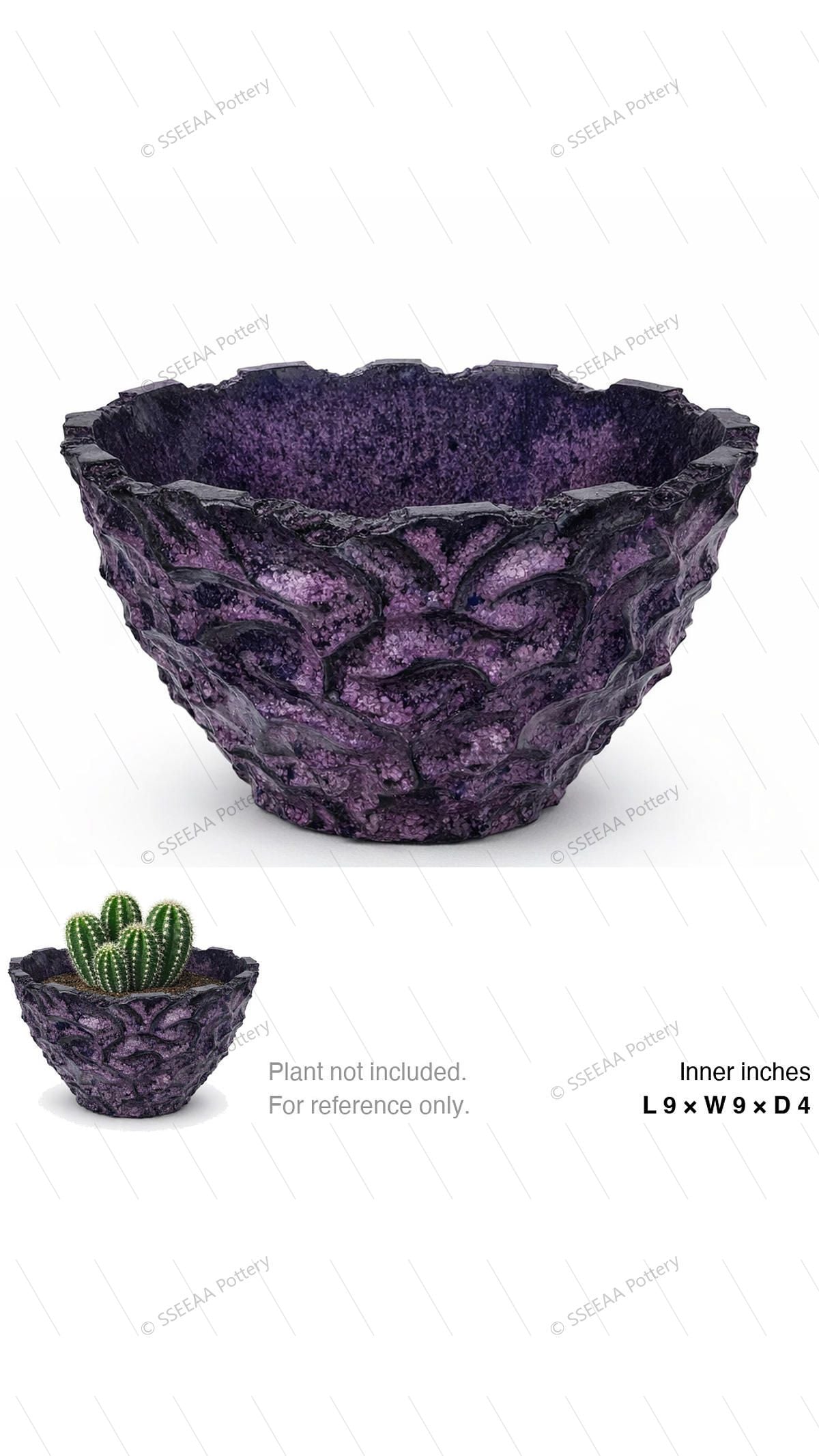 Purple craggy textured decorative pot with a jagged rim and wide opening on a white background