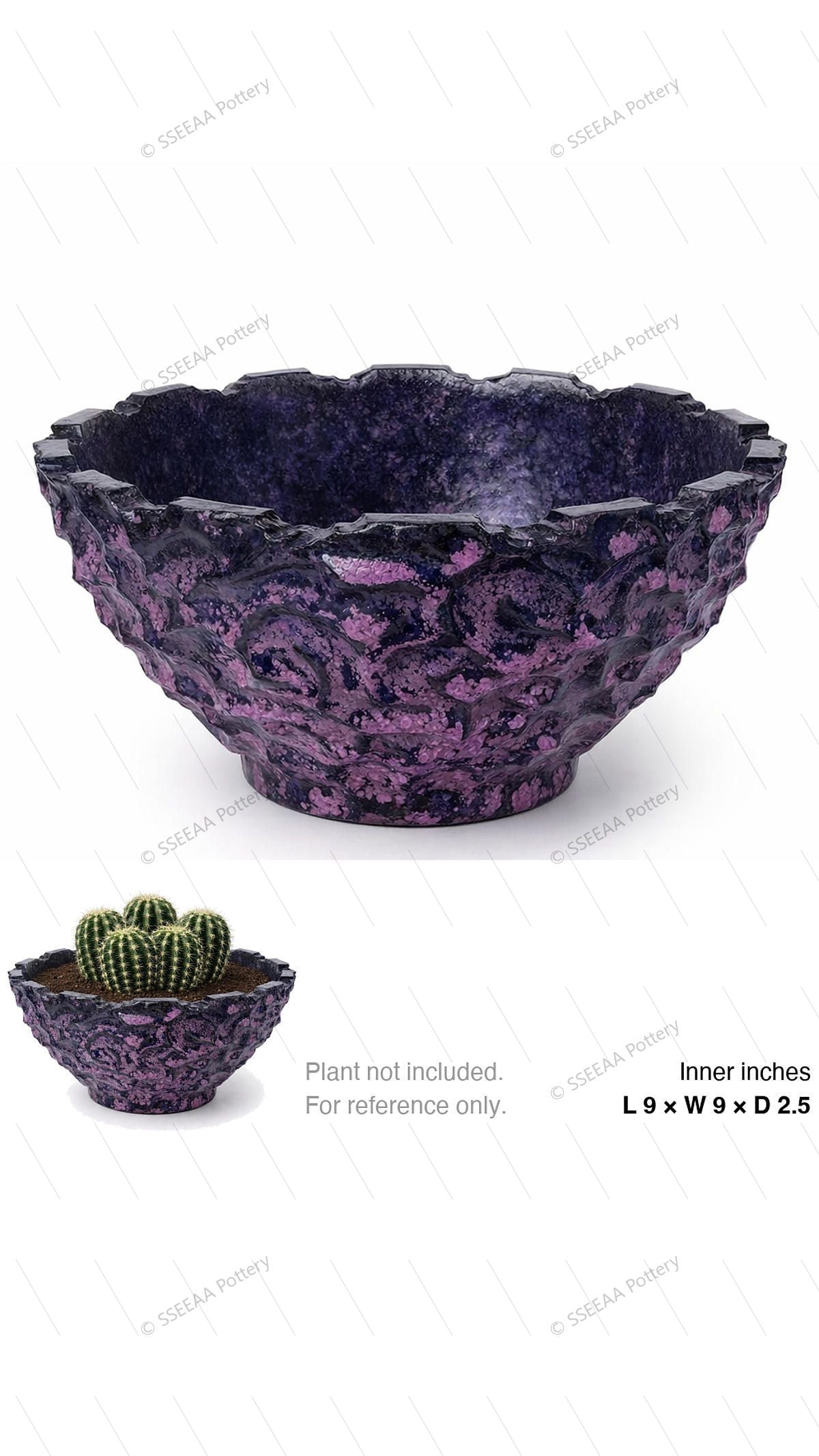 Shallow footed pot with rugged purple-black textured surface and wide open bowl form