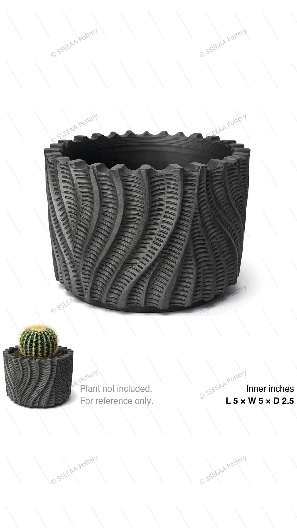 Black fluted ceramic-style pot with scalloped rim and textured ridges.