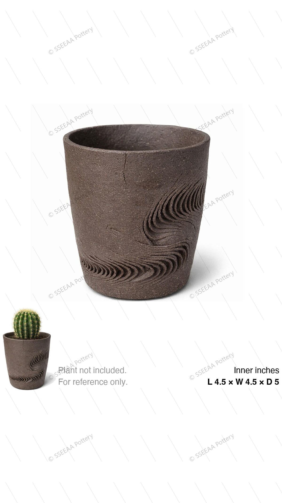 Dark brown tapered pot with carved swirl relief and matte textured surface.