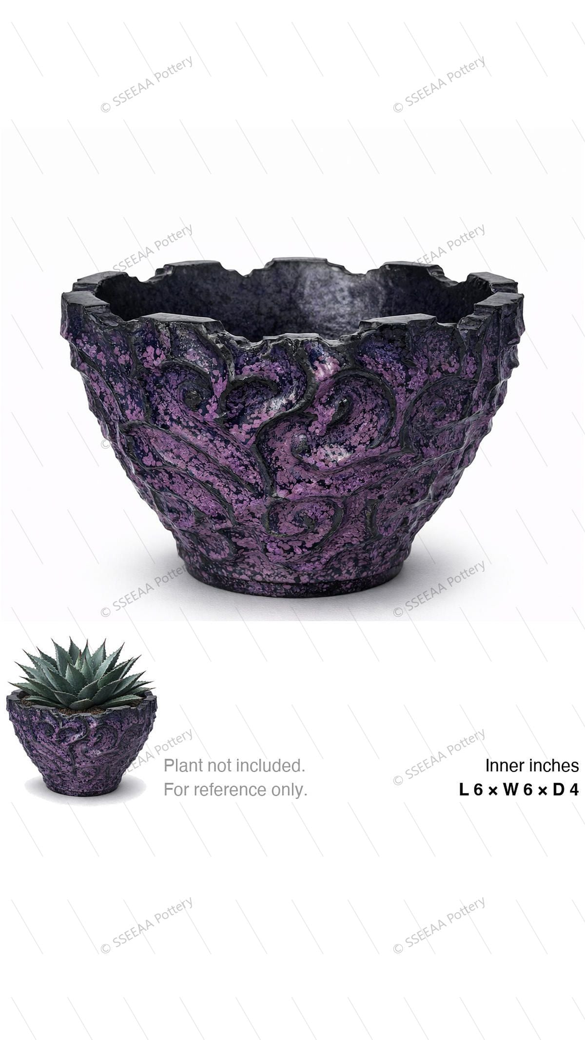 Textured purple and black decorative pot with a rugged sculpted surface and wide open rim.