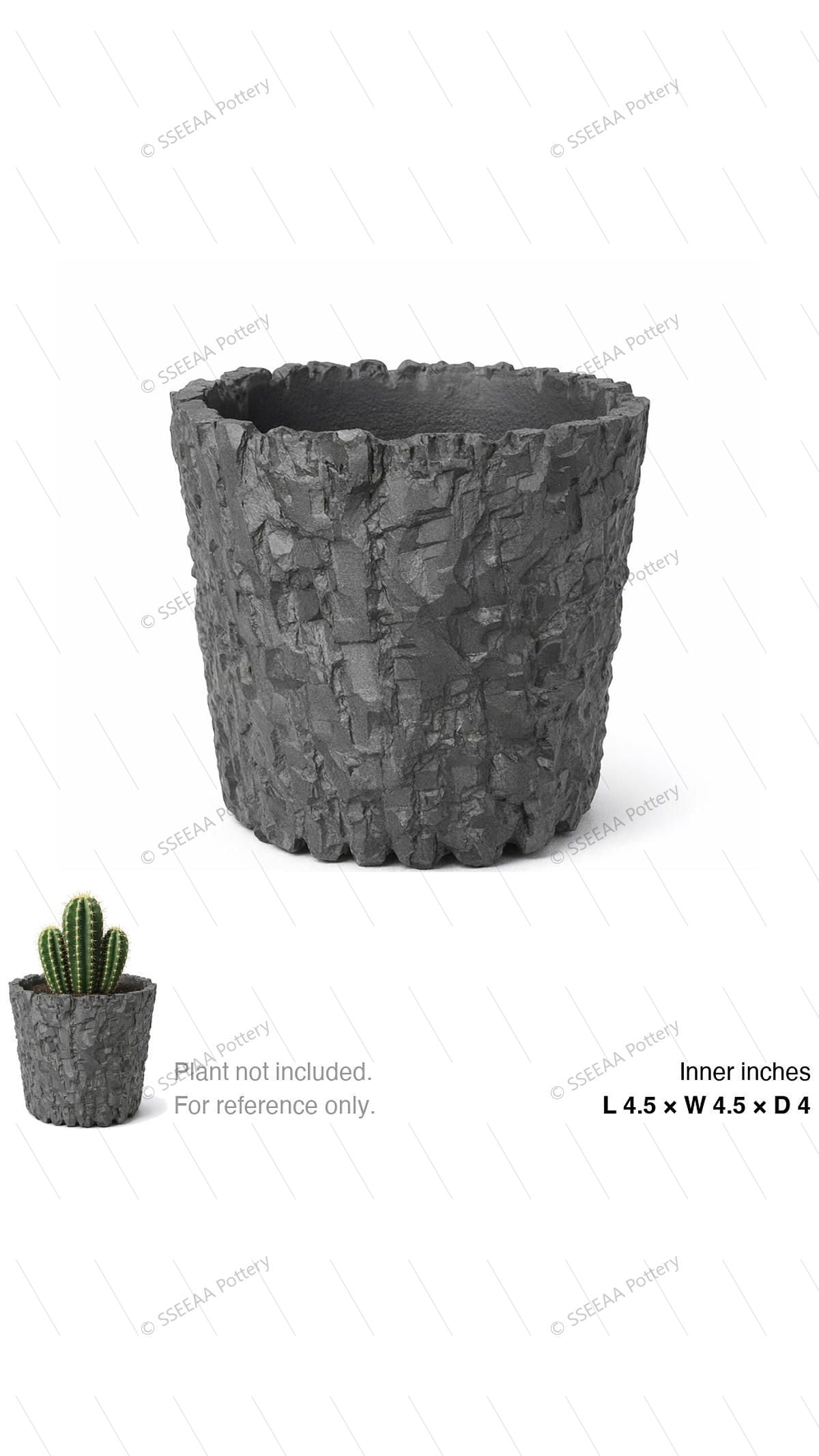 Textured dark grey tapered pot with bark-like surface and open rim