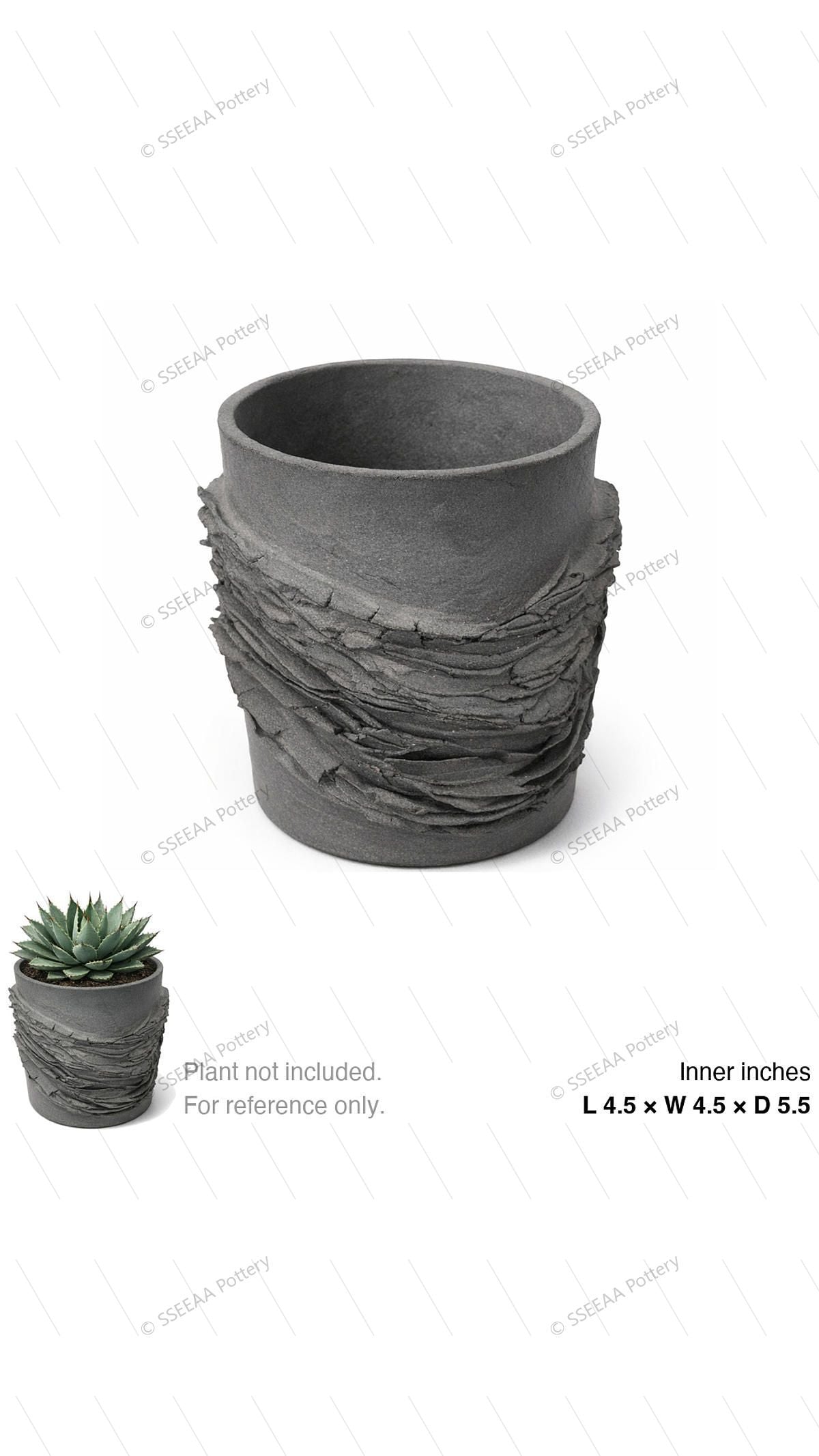 Dark gray textured pot with layered wrapped banding and a rounded tapered profile.