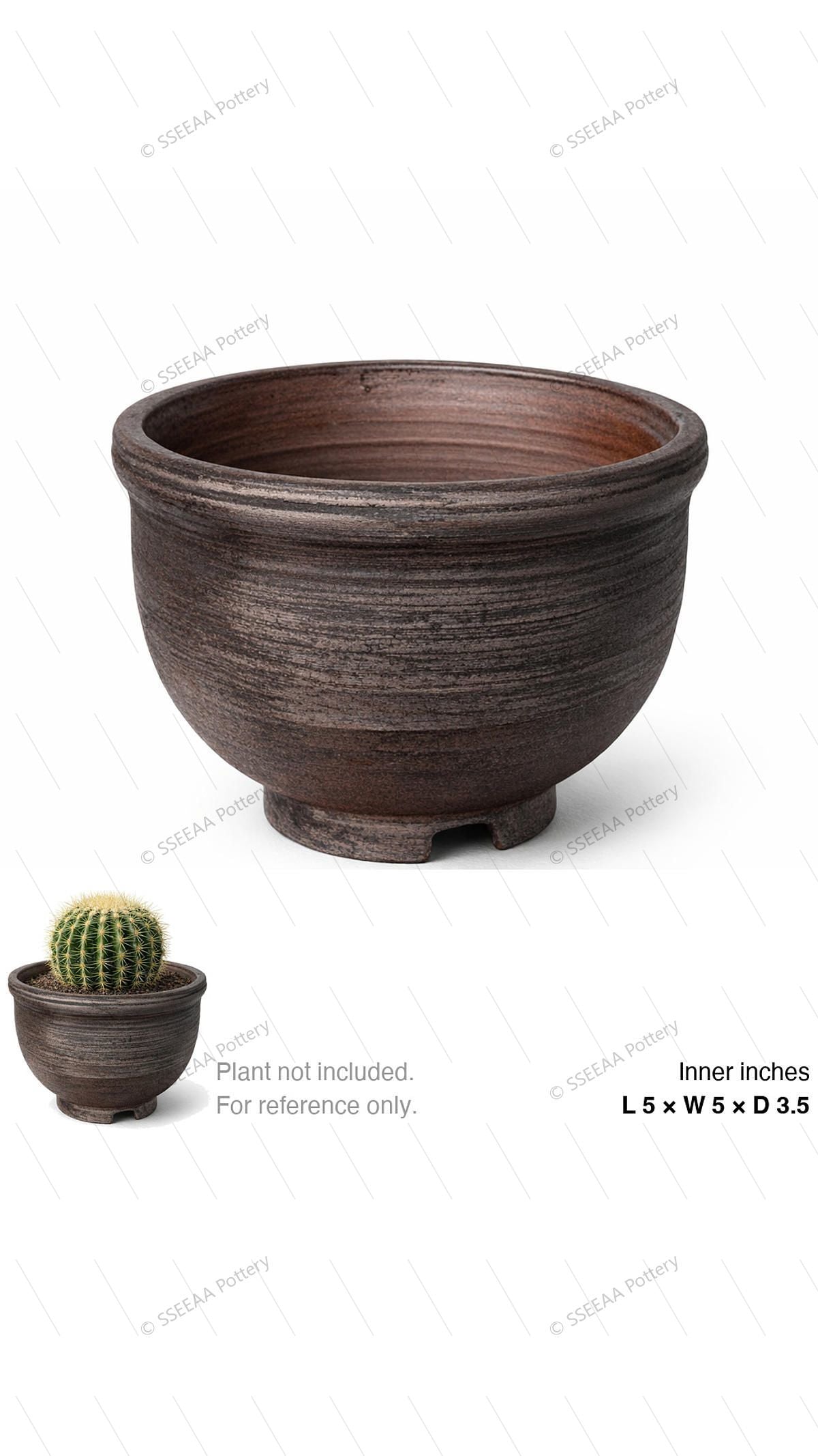 Footed dark brown round ceramic pot with weathered surface and rolled rim