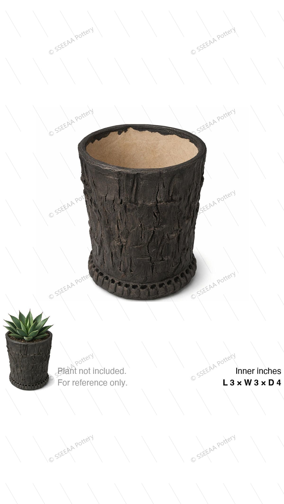 Dark charcoal textured footed pot with bark-like surface and rounded rim
