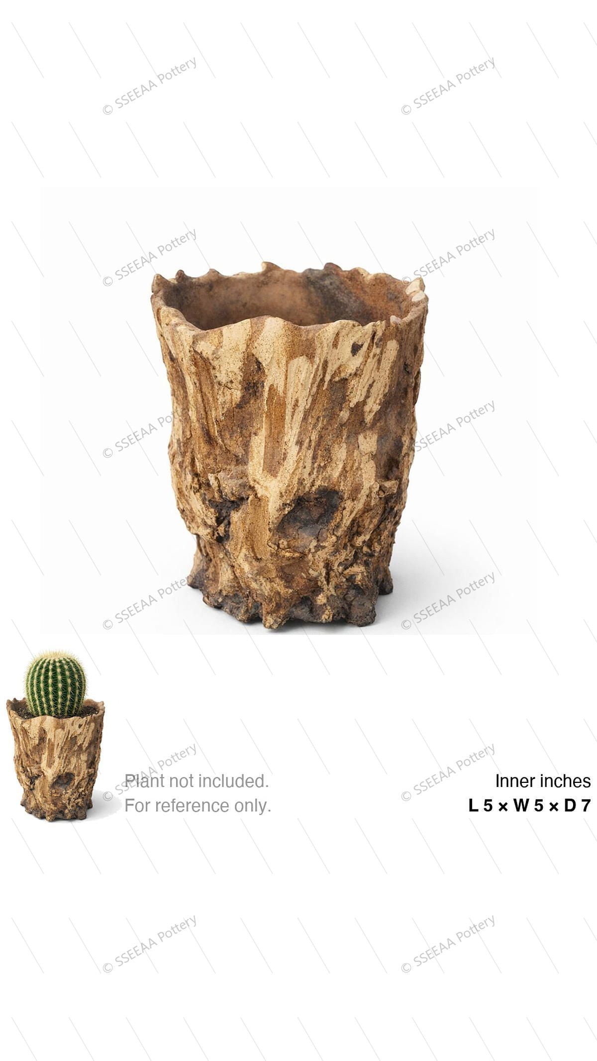 Weathered bark-look pot with an irregular rim and tapered profile.