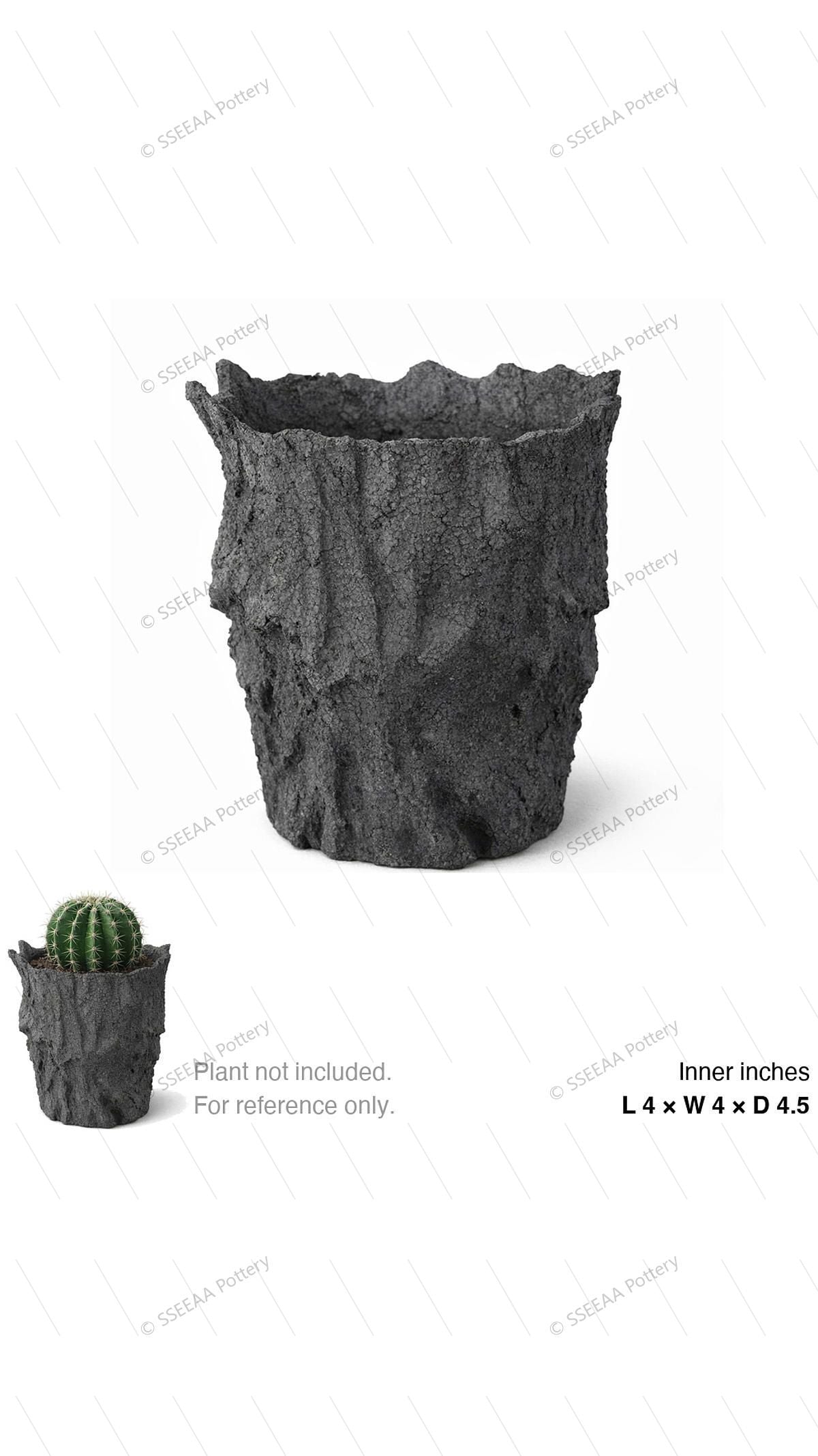 Dark weathered sculptural pot with rugged bark-like texture and irregular rim