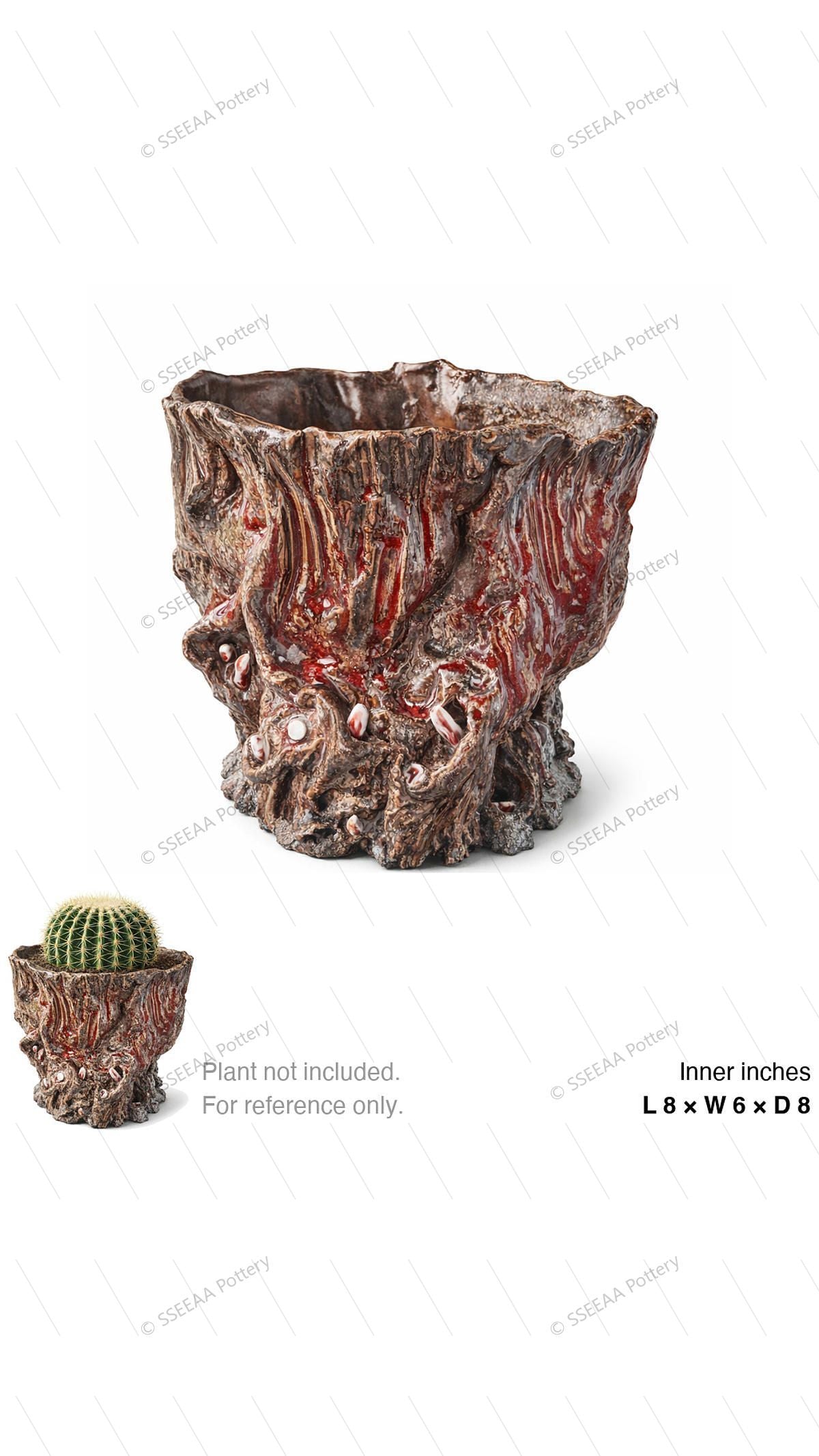 Weathered sculptural footed pot with bark-like texture and red-brown highlights.