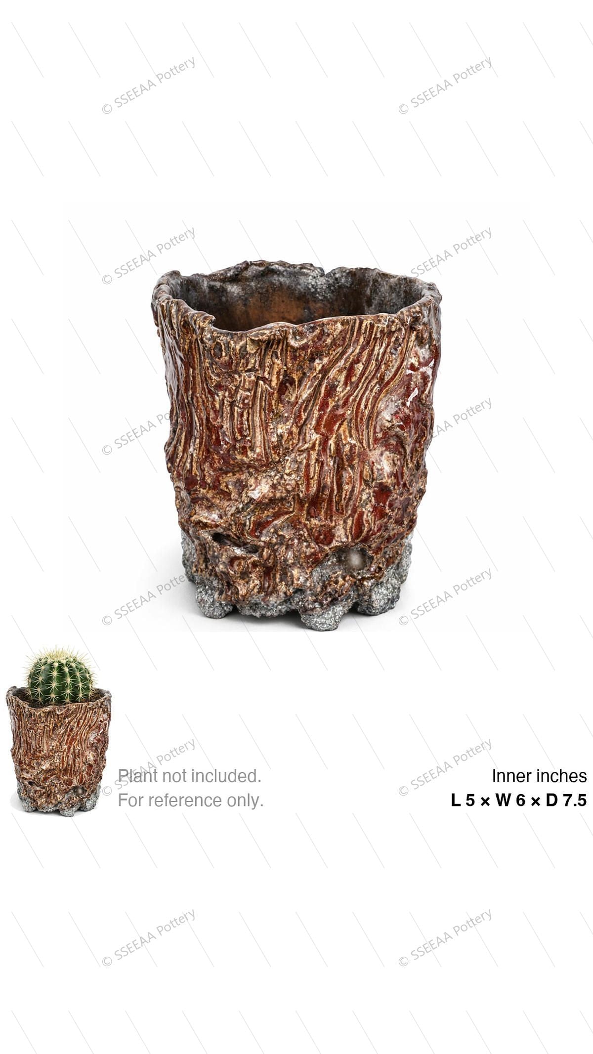 Textured rustic footed pot with bark-like finish and irregular rim