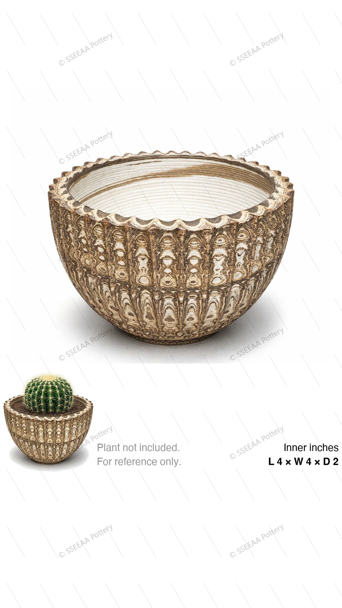 Textured bronze and cream scalloped pot with rounded bowl shape