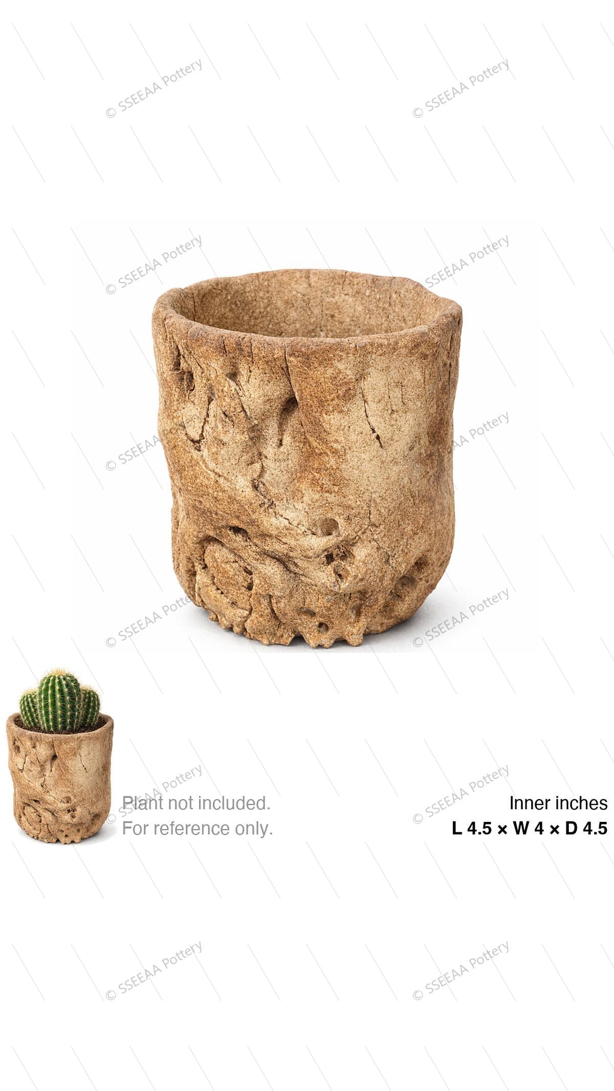 Weathered brown sculptural pot with rugged bark-like texture and rounded rim.