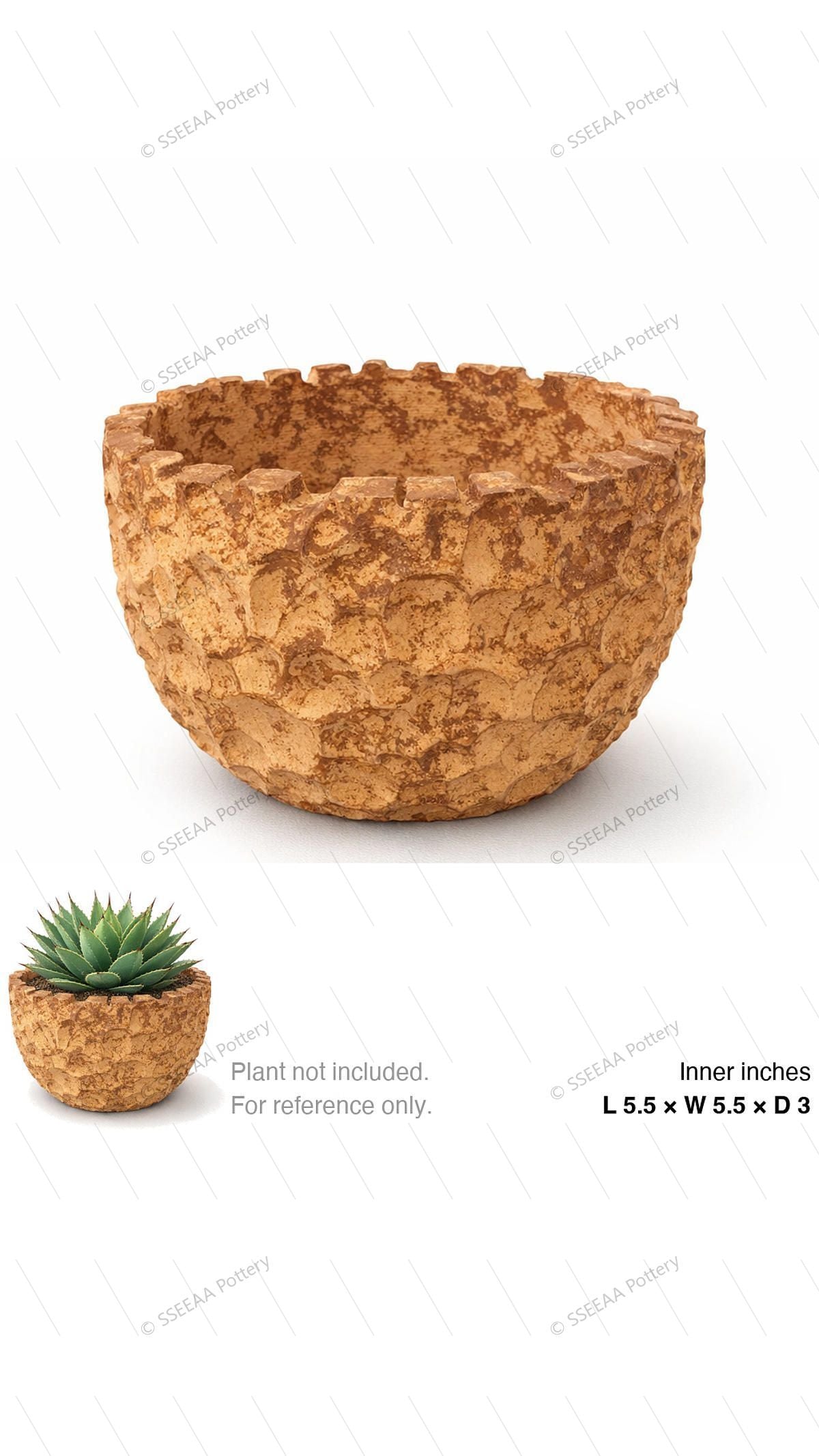 Textured brown rounded pot with scalloped rim and rugged surface