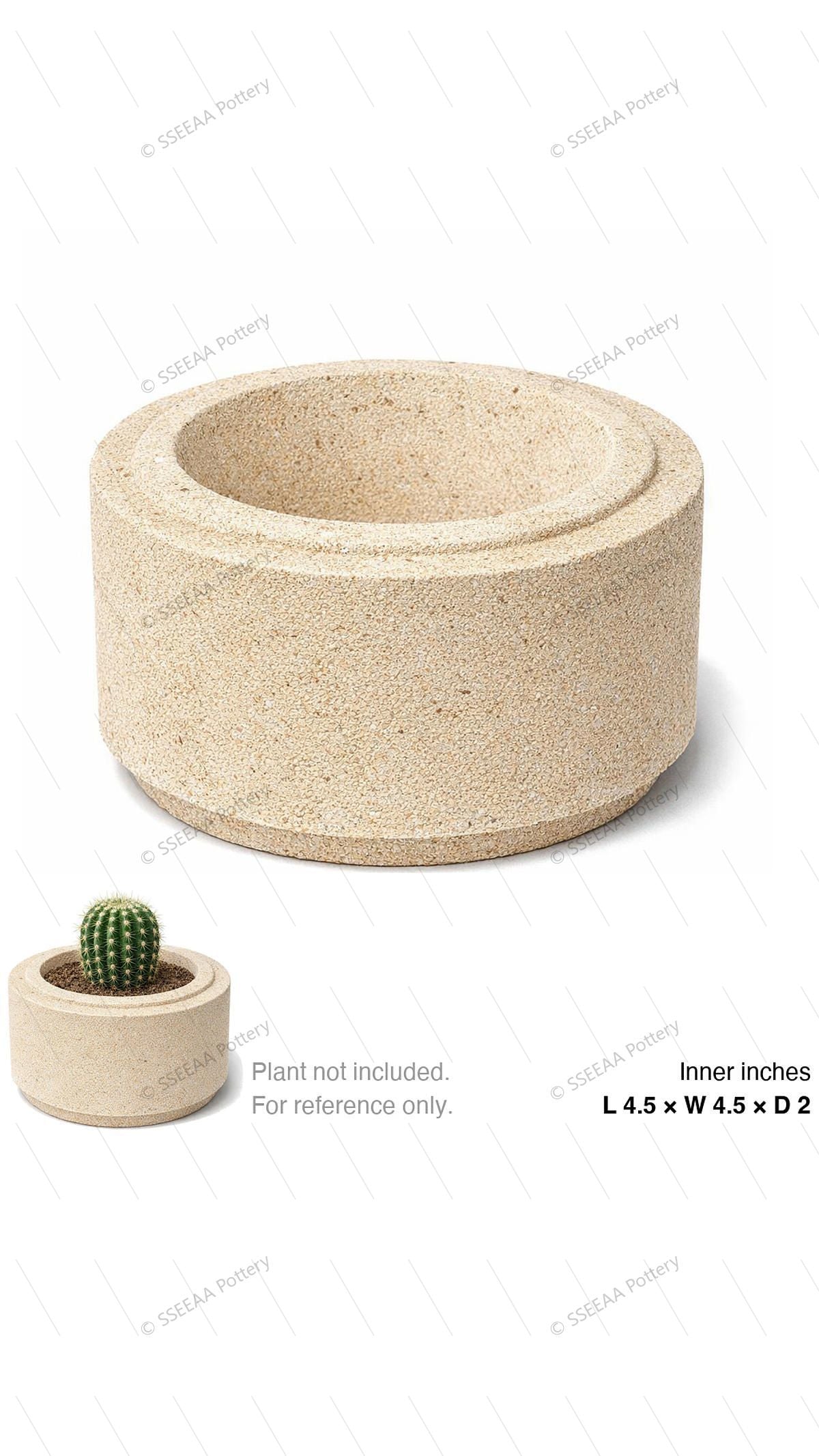 Speckled cream round shallow pot with a raised rim on a white background