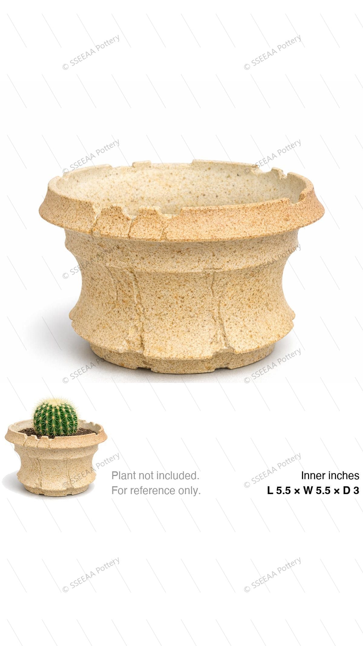 Sand-toned textured pot with flared rim and rounded footed profile