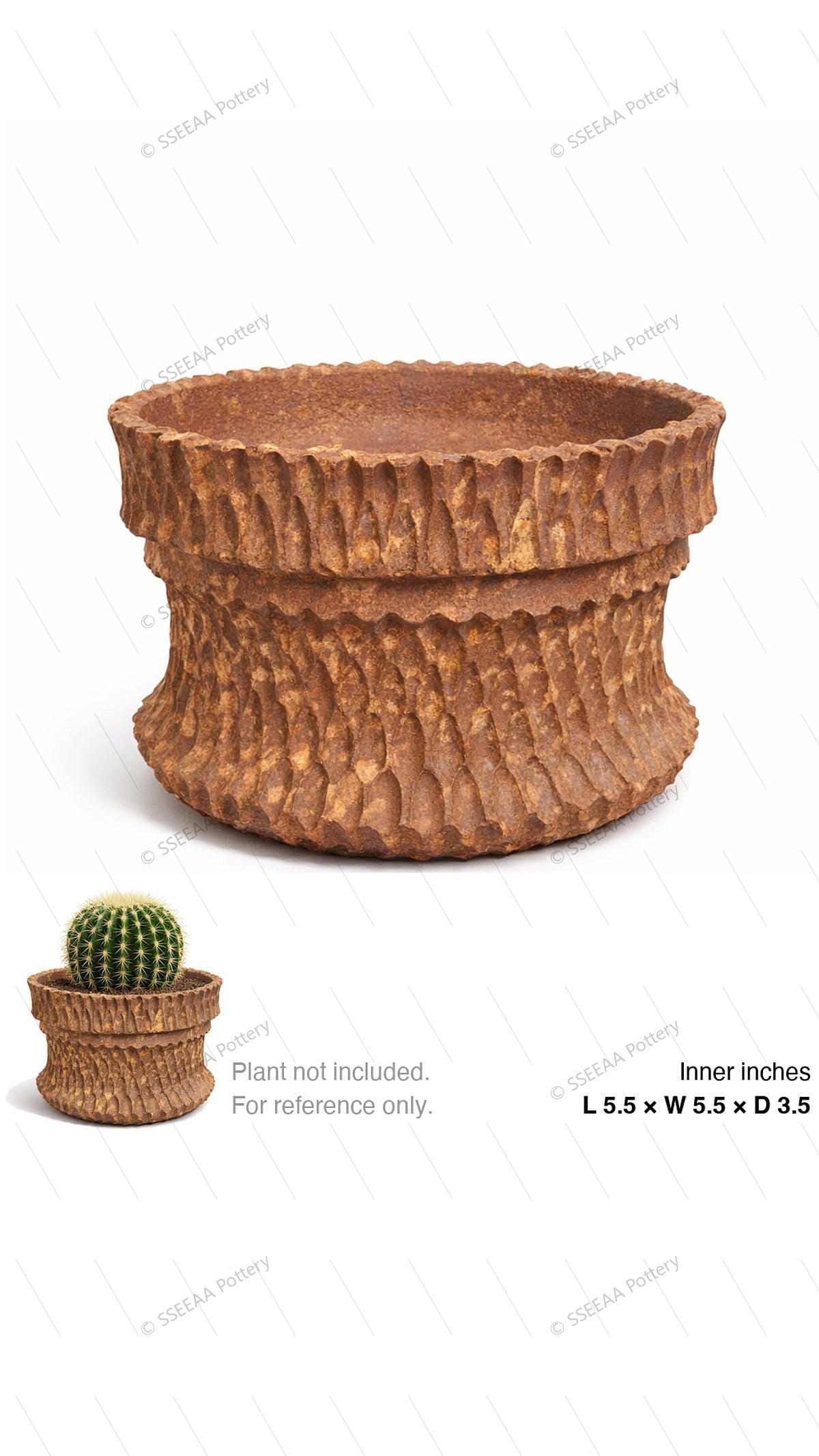 Textured rust-brown footed pot with a flared rim and rugged carved surface