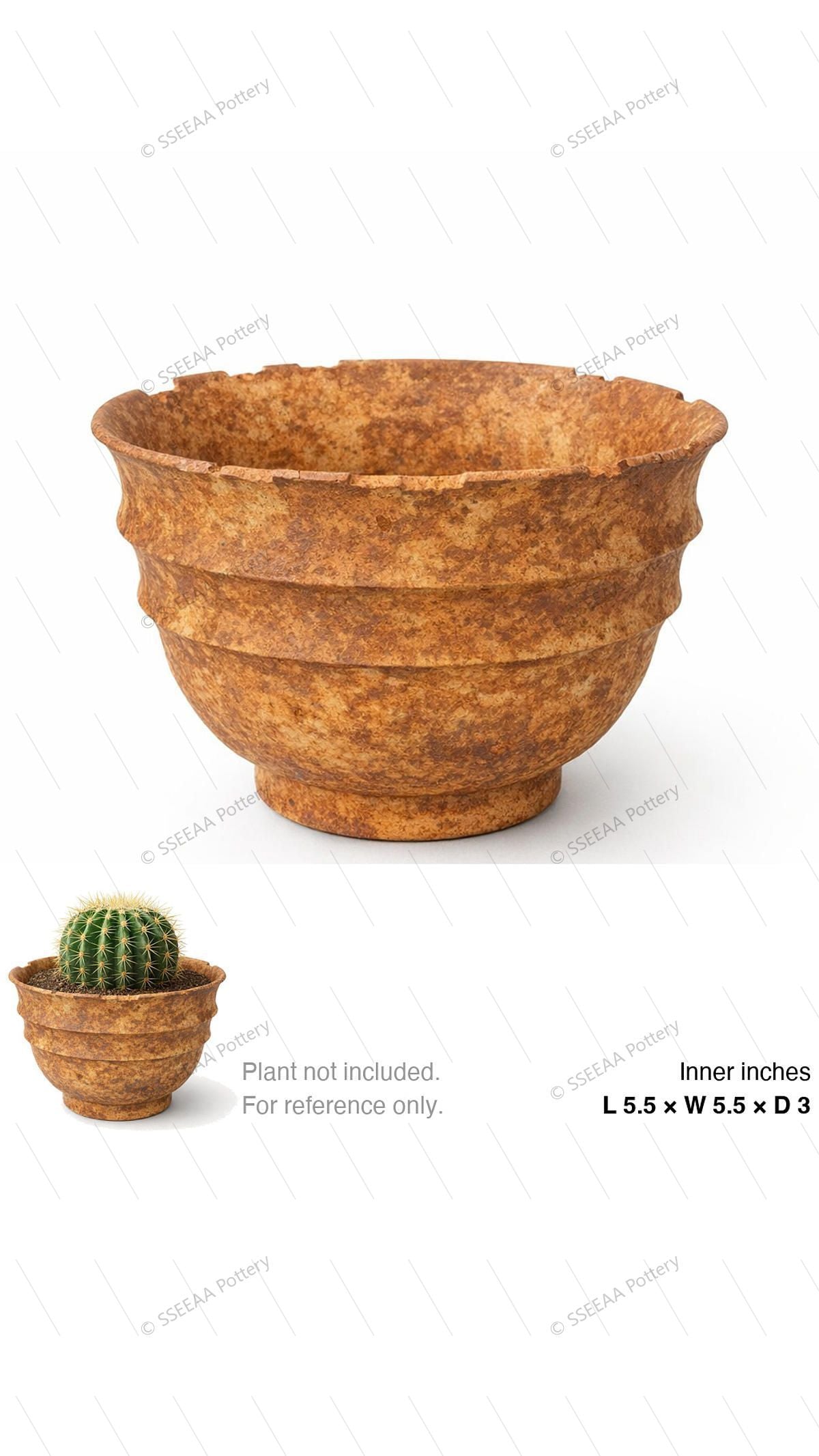 Weathered rust-brown footed pot with flared rim and rounded bowl profile shown on a white background.