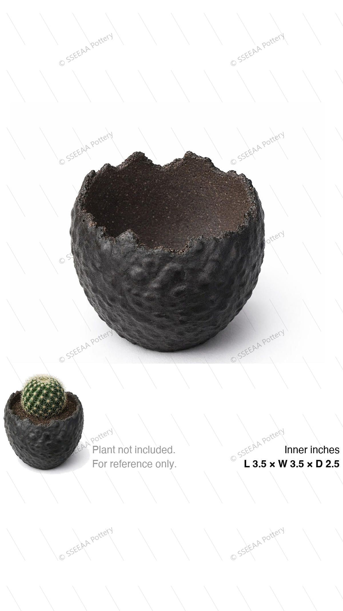 Textured charcoal-black pot with an irregular rim and rounded form.