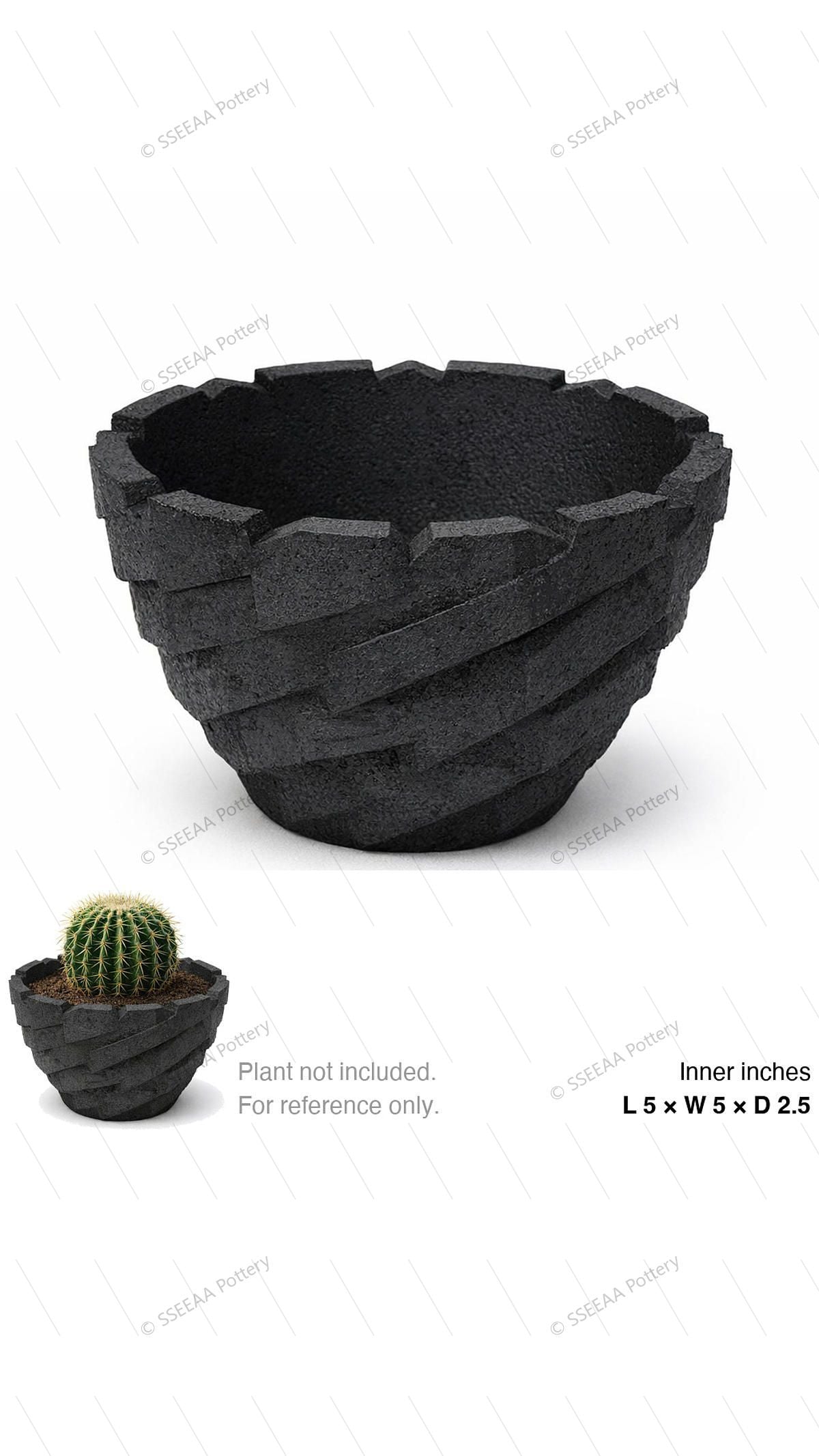 Black craggy stone-look pot with faceted rim and rounded form
