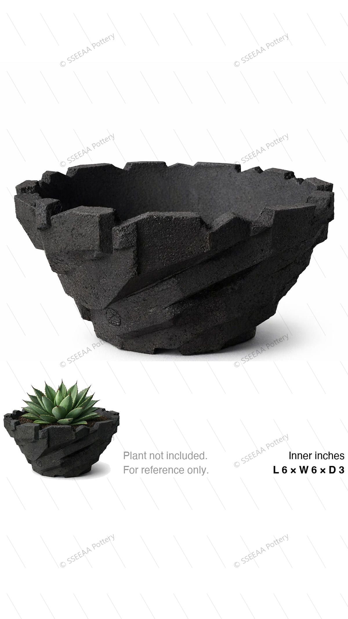 Black sculptural pot with jagged rim and craggy faceted sides shown on a white background.