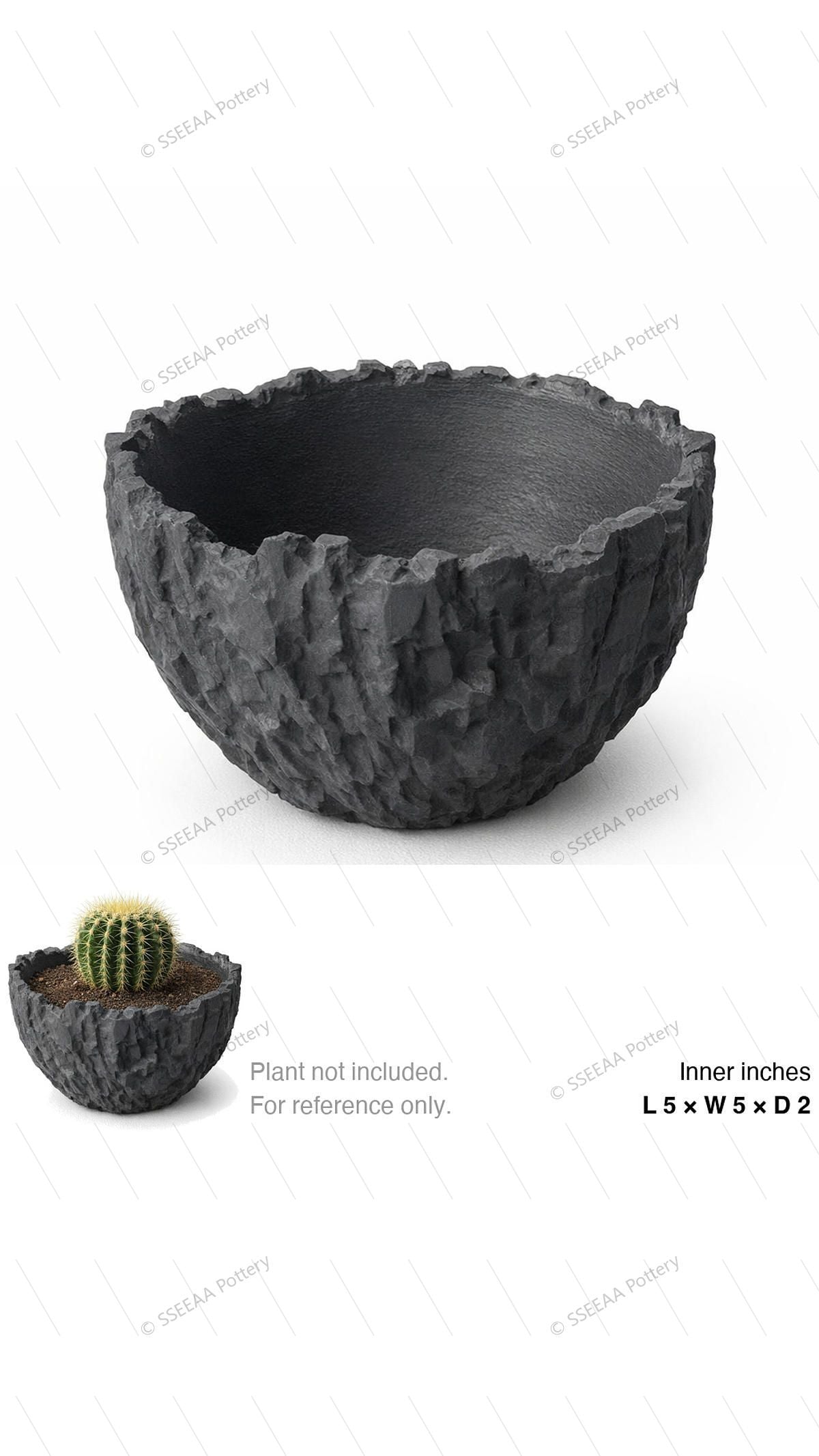 Charcoal craggy shallow pot with an irregular open rim shown empty.
