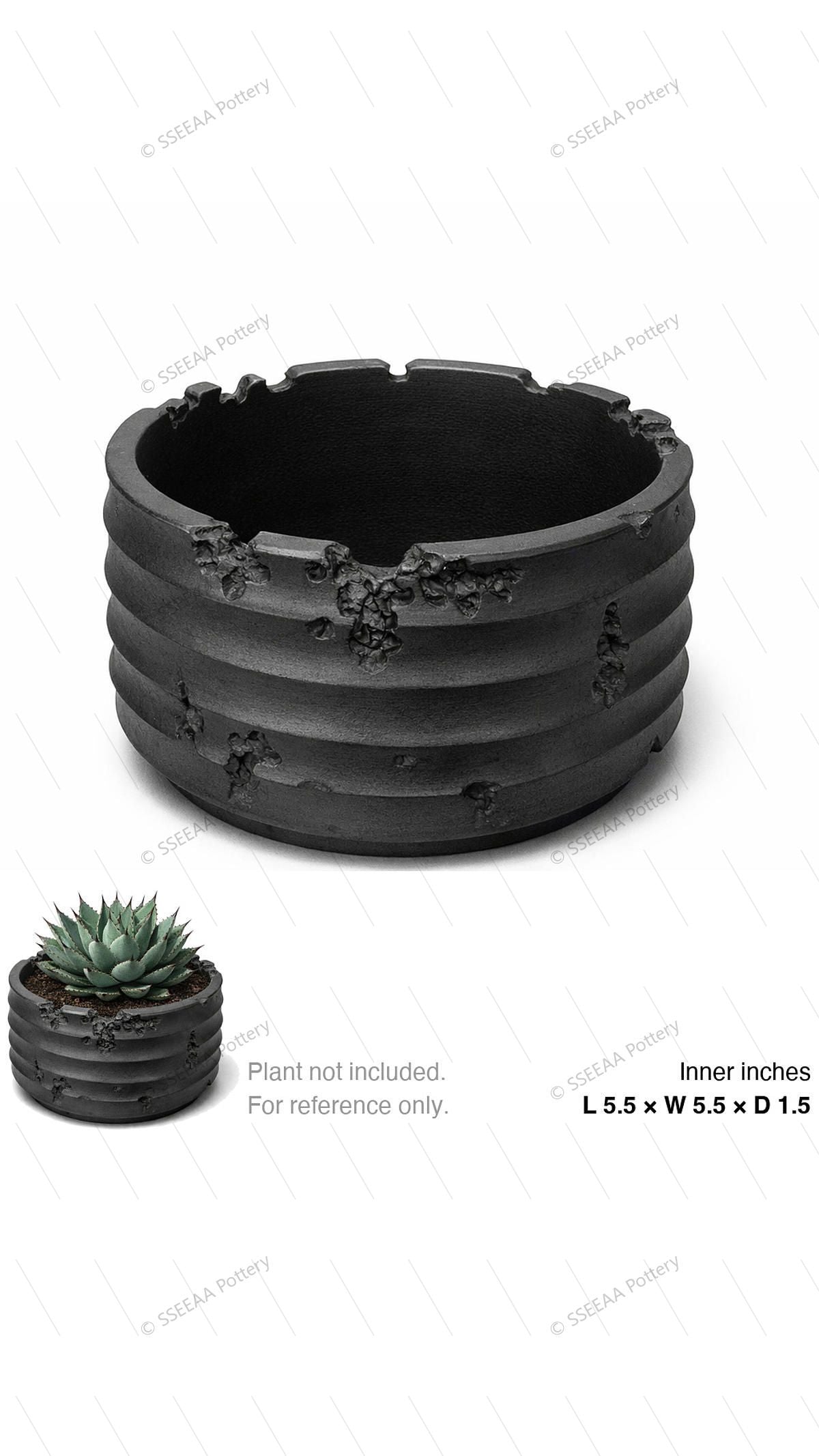 Dark ribbed round pot with weathered black finish and thick rim