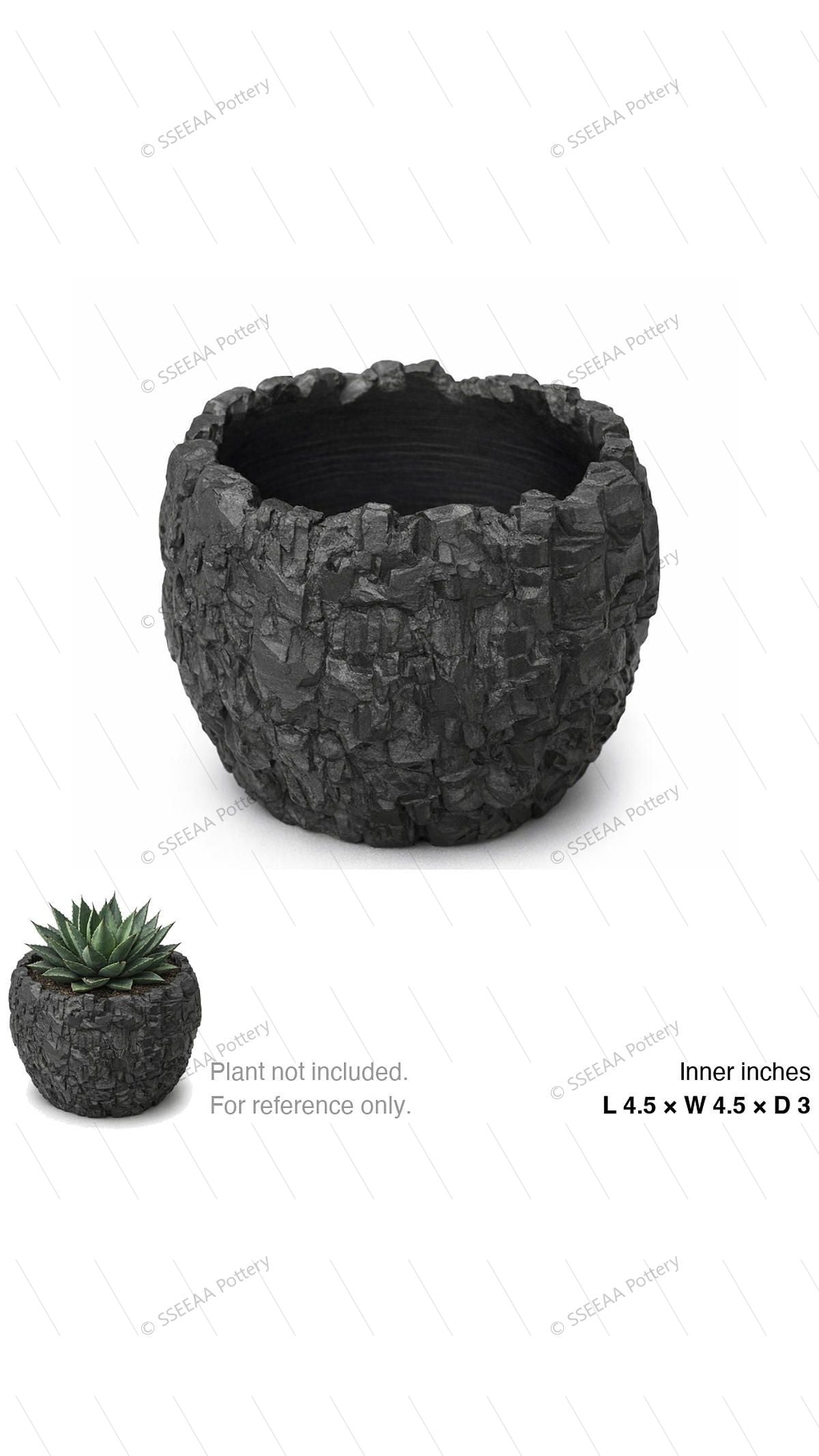 Craggy black rounded pot with an irregular rim and rugged carved texture
