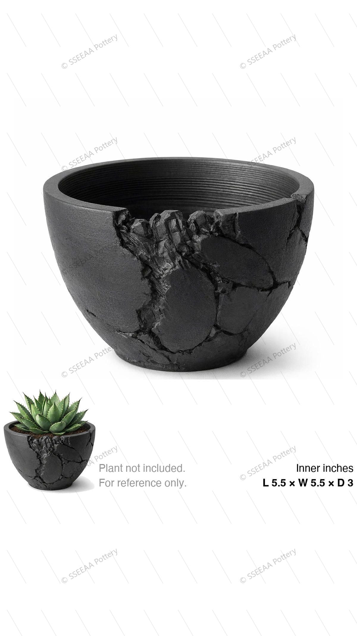 Black cracked-texture ceramic-style pot with rounded bowl profile