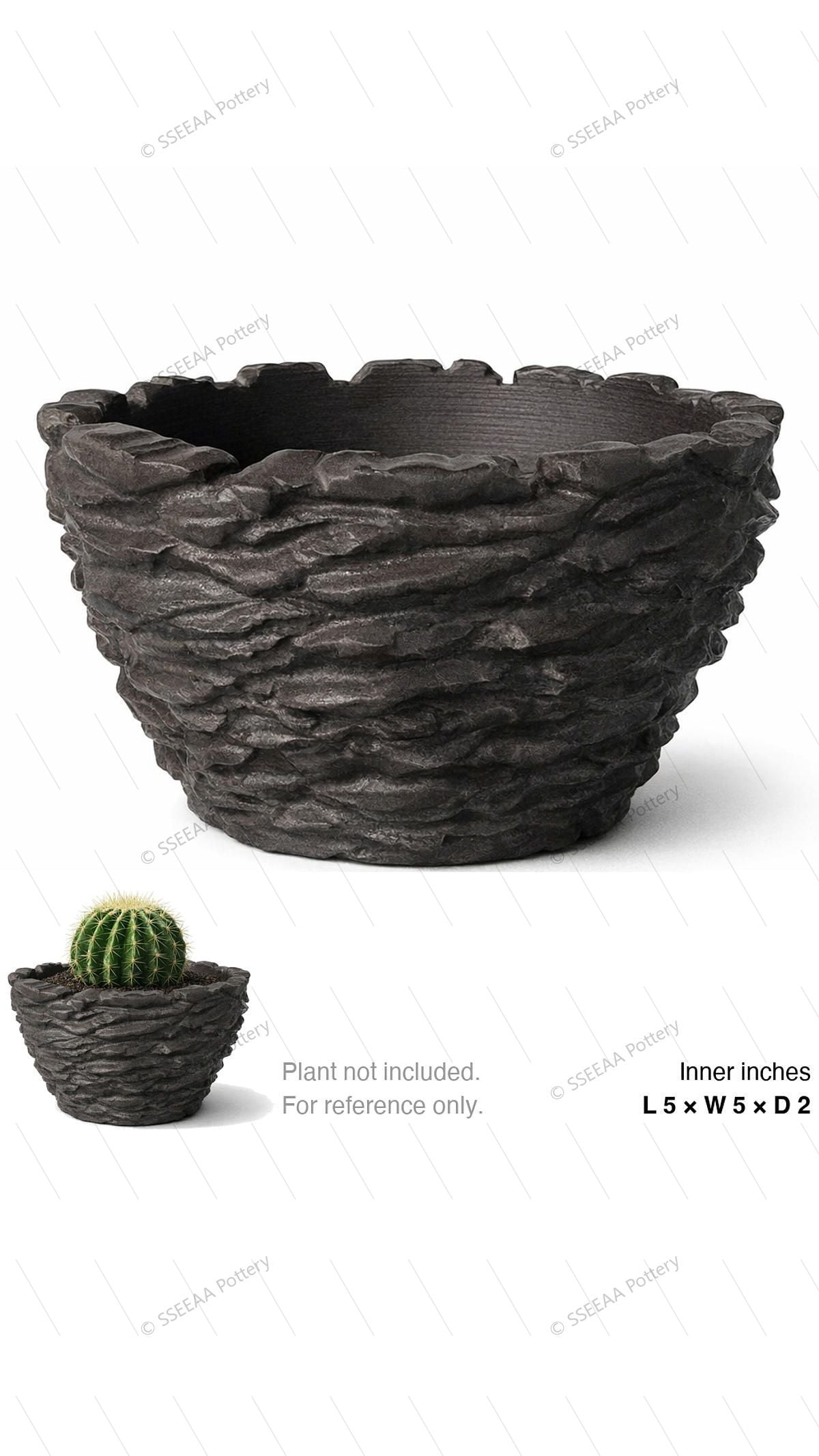 Dark charcoal craggy pot with a rugged rock-like surface and wide shallow opening.