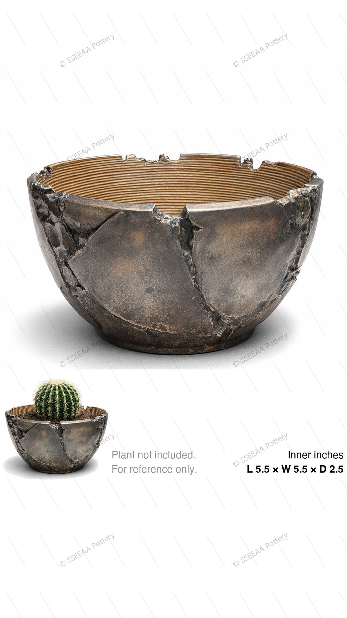 Bronze craggy shallow bowl pot with irregular broken rim and weathered surface.