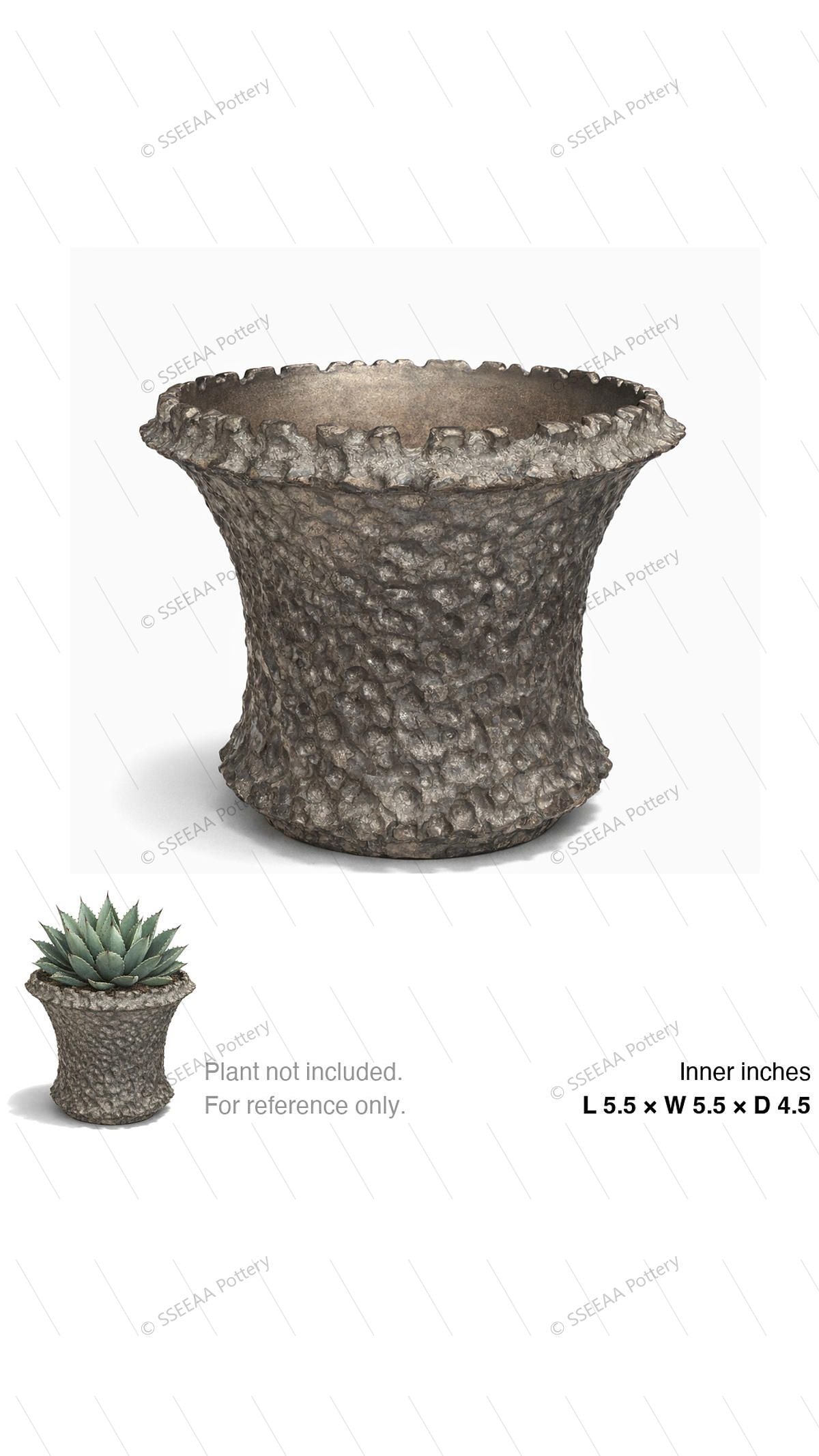 Rugged storm gray footed pot with craggy textured surface and flared rim