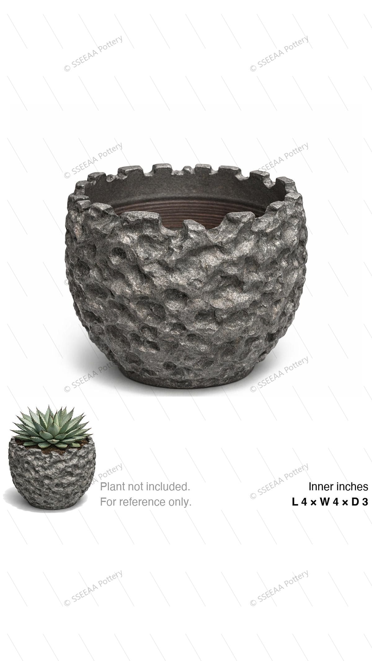 Textured dark gray tabletop pot with craggy stone-like surface and flared rim.